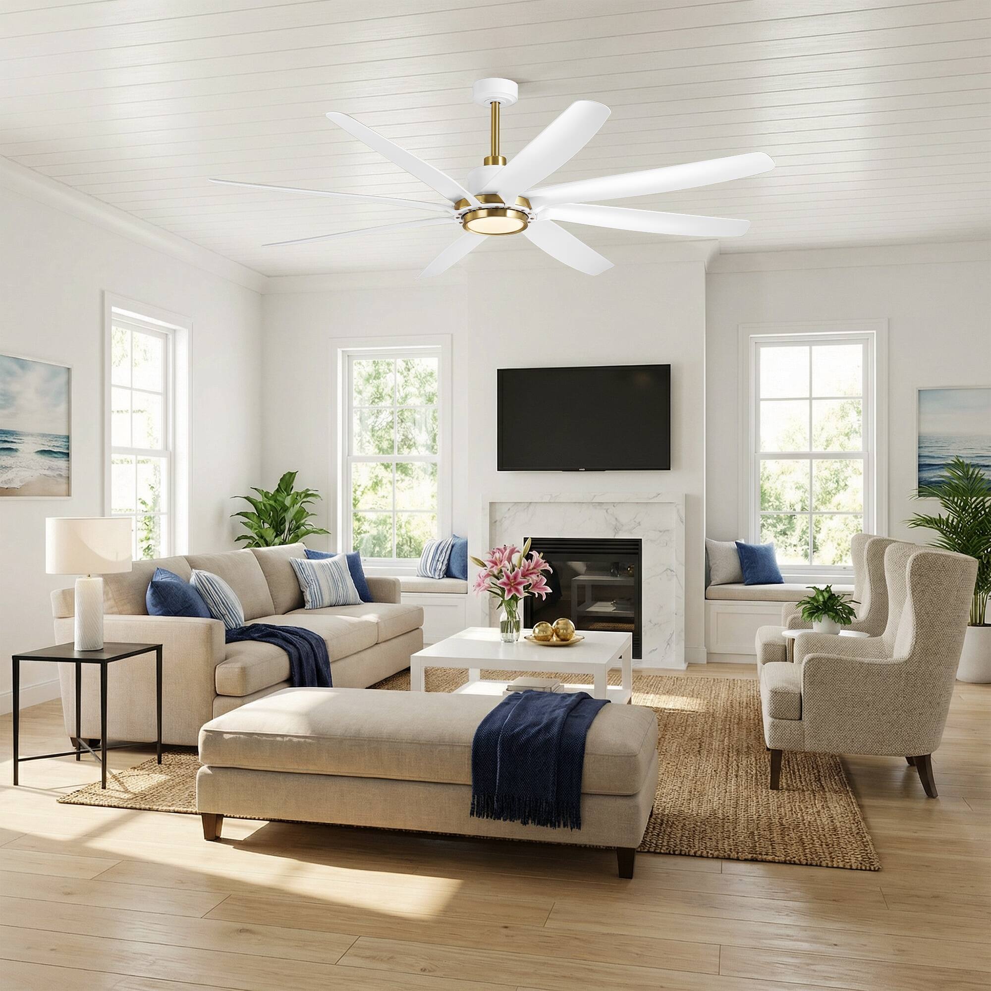 Angle. Parrot Uncle - 72" White Farmhouse Windmill Ceiling Fan with Light and Remote - White.