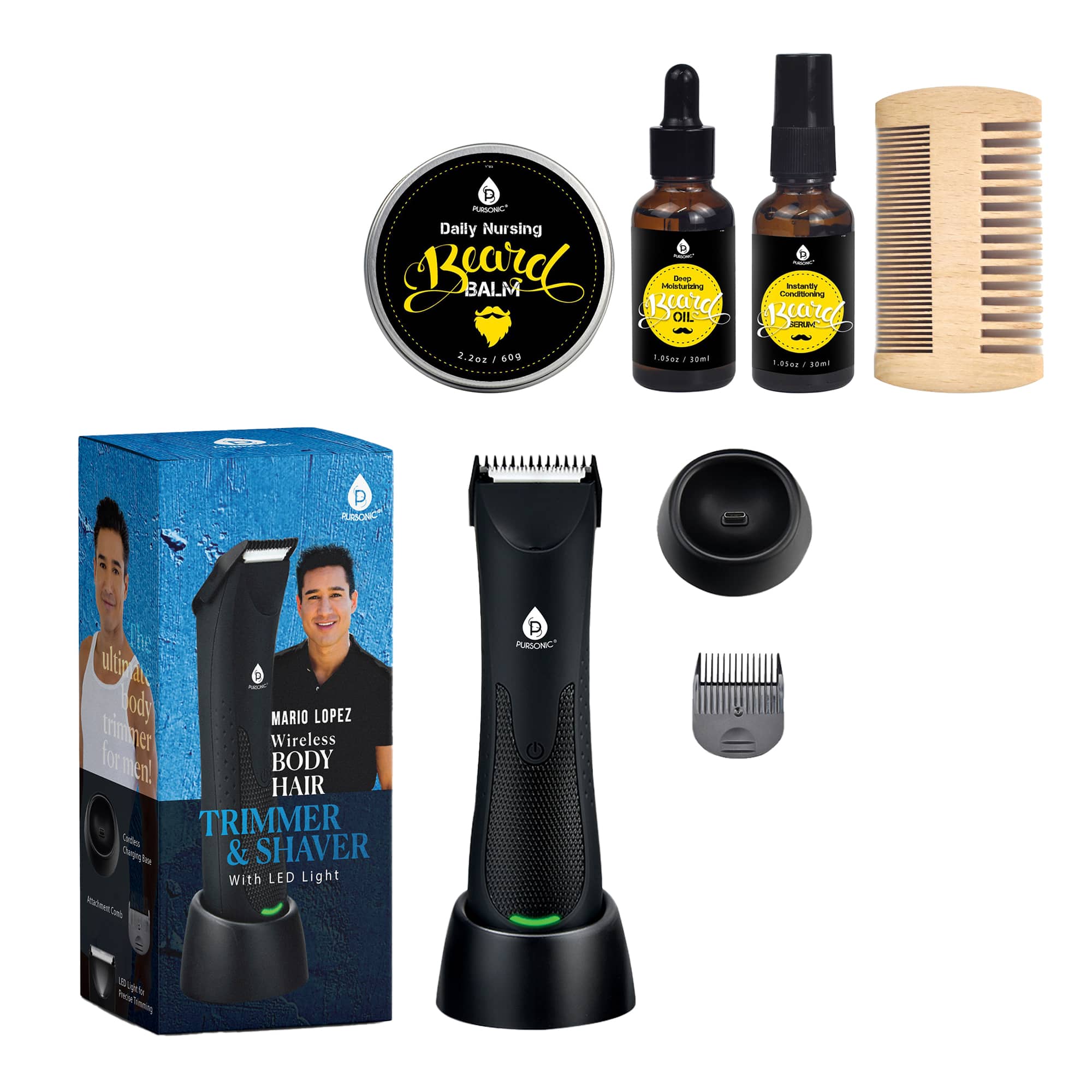 Pursonic - Mario Lopez Wireless Body Hair Trimmer & Shaver and Beard Care Grooming Kit Bundle - Multicolor