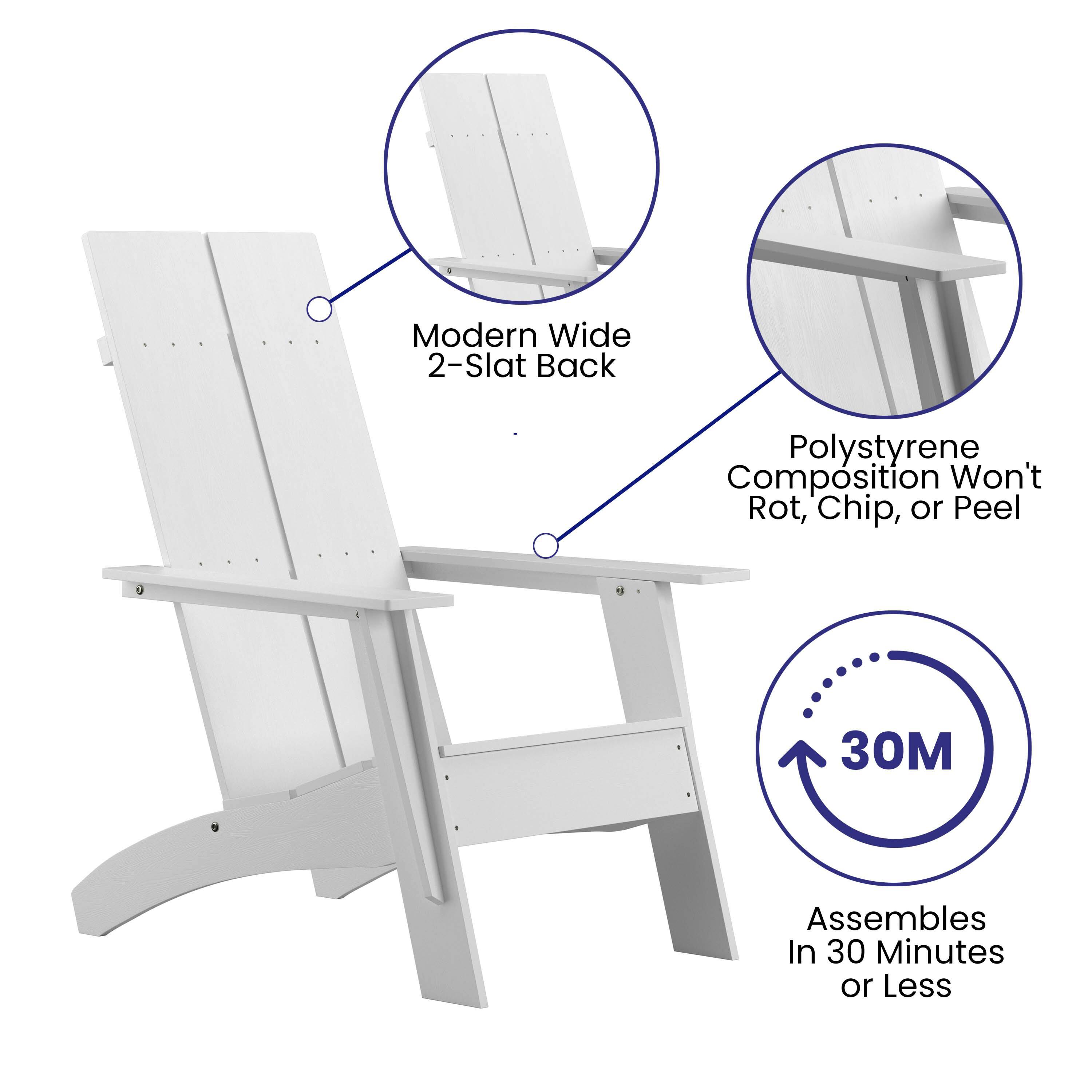 Modern Wide 2-Slat Back  
Polystyrene Composition Won't Rot, Chip, or Peel  
30M  
Assembles In 30 Minutes or Less