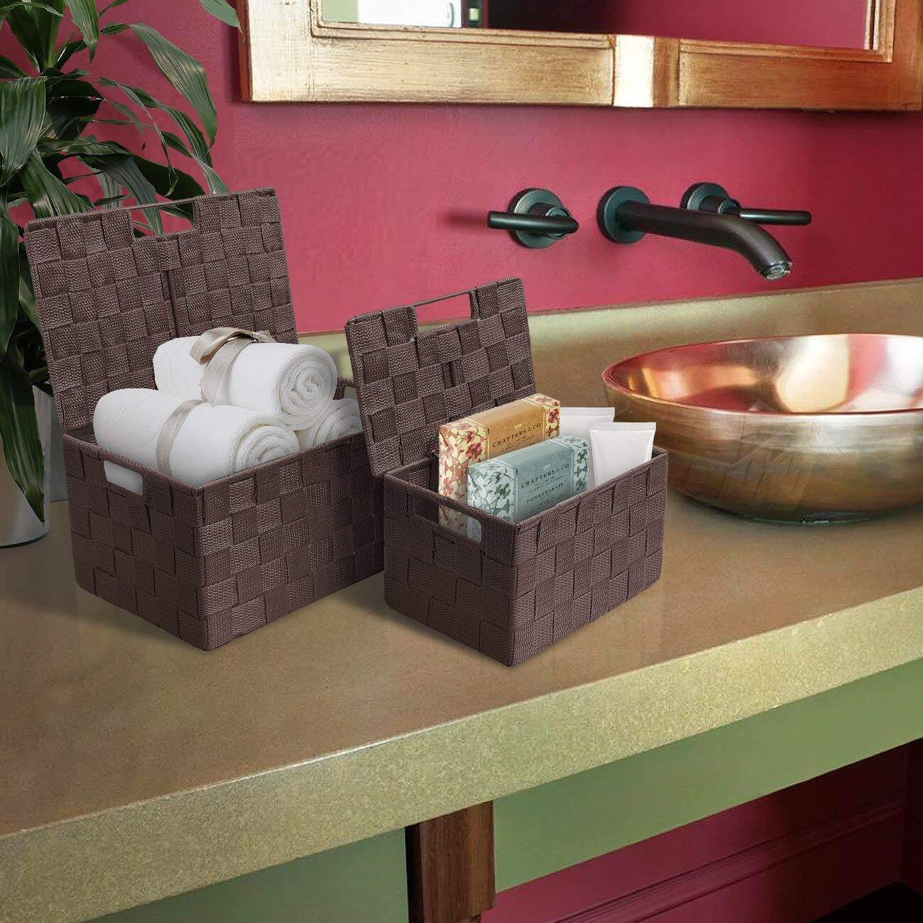 Alt View 2. Sorbus - Sorbus Set of 3 Storage Baskets for Organizing with Lid, Mesh, Linen, Organizer Storage Baskets for Home or Office - Brown.