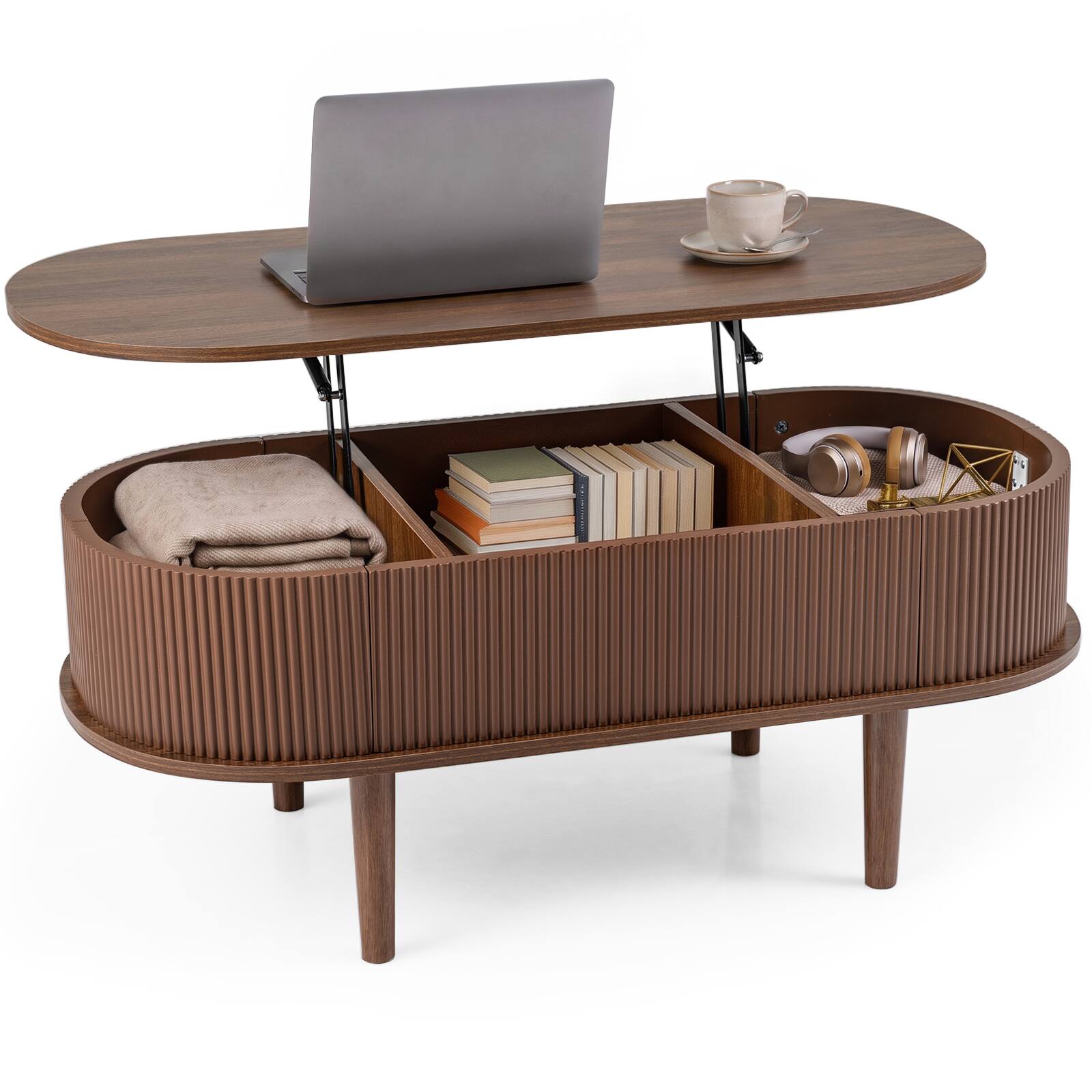 Alt View 1. Costway - Costway Oval Lift Top Coffee Table with Storage, Fluted Design & Raised Wood Feet for Home - Walnut.