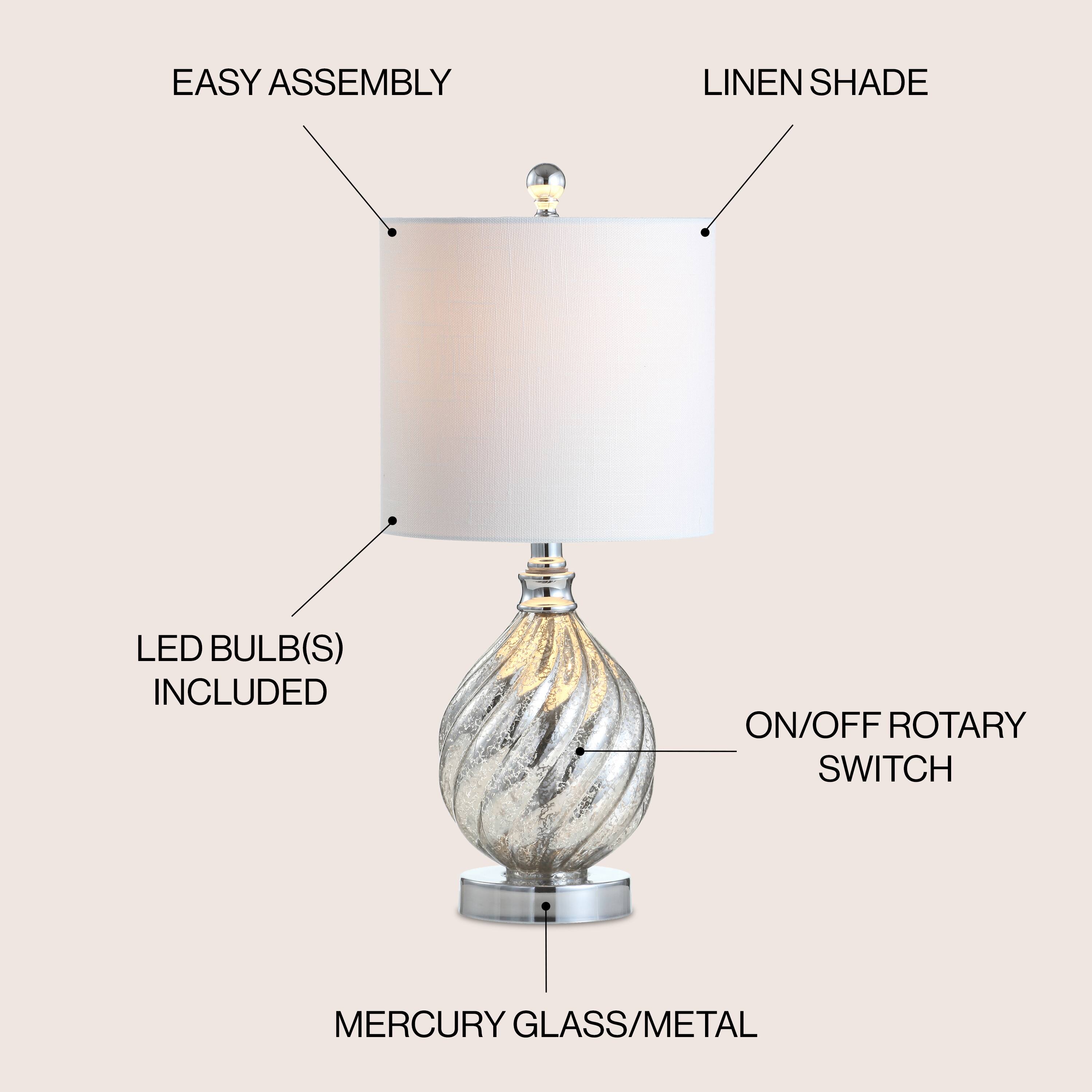 EASY ASSEMBLY  
LINEN SHADE  
LED BULB(S) INCLUDED  
ON/OFF ROTARY SWITCH  
MERCURY GLASS/METAL