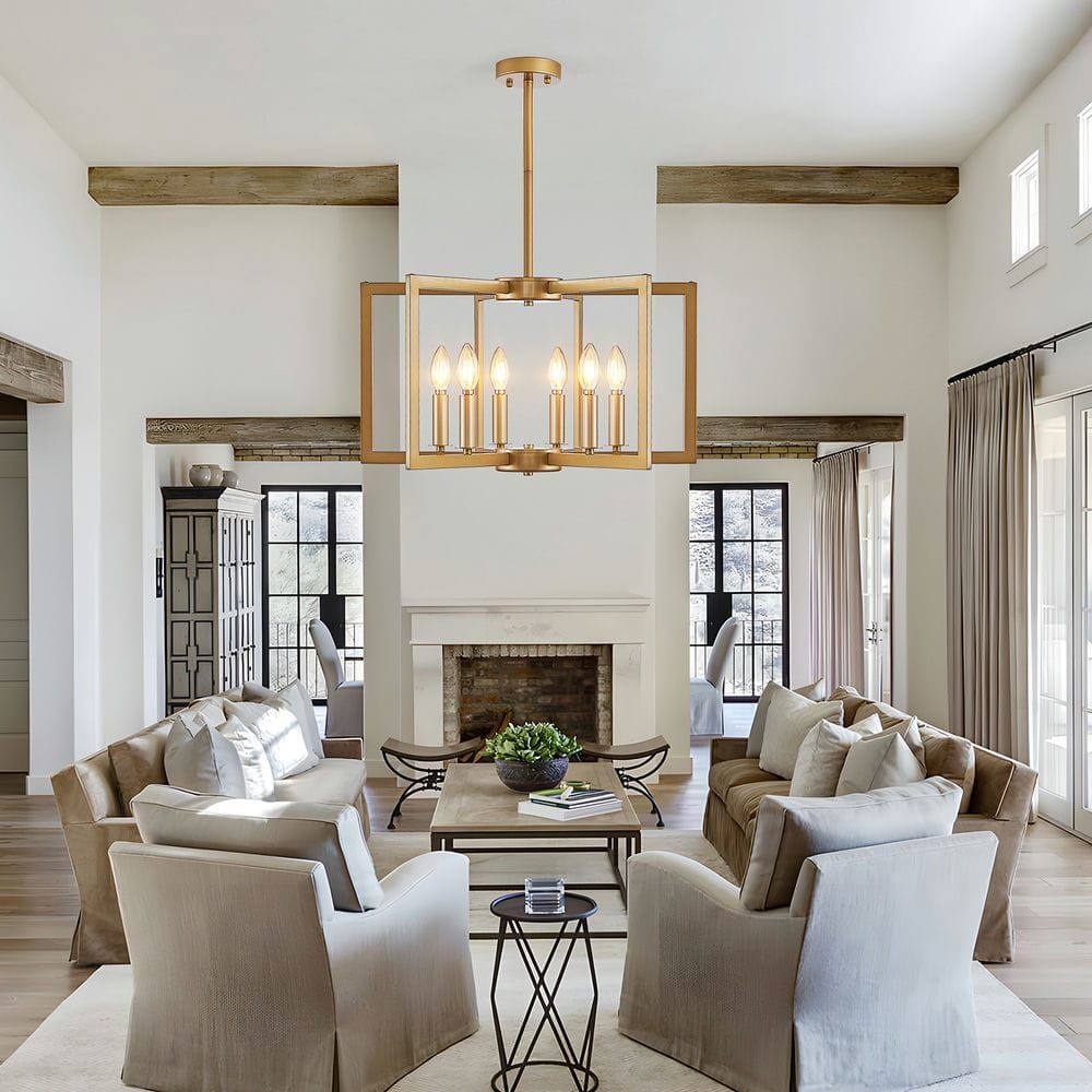 Alt View 6. Kadyn - 22" Modern Black Geometric 6-Light Chandelier – Industrial Metal Pendant Light Fixture, Gold - Gold.