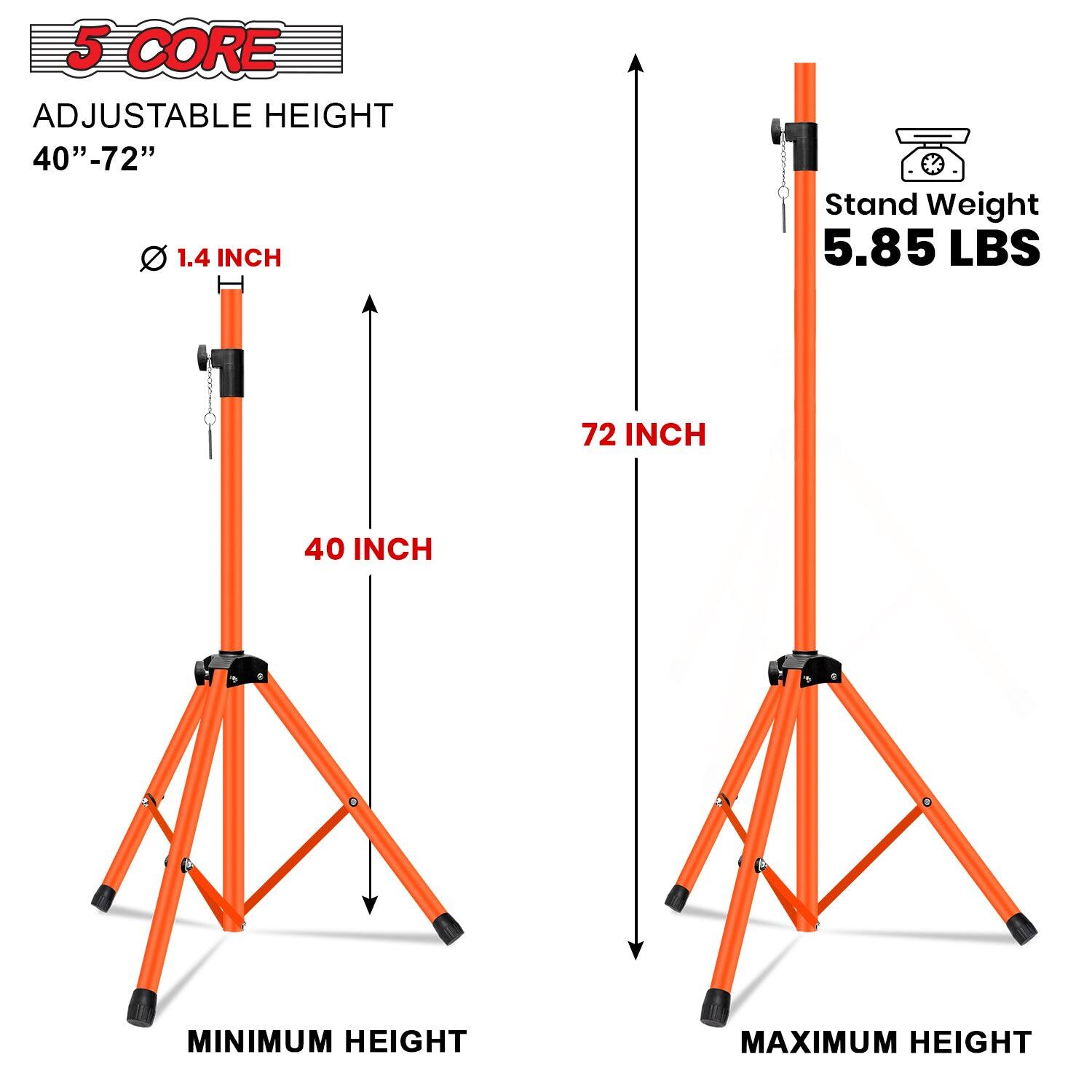 The corrected text is:

- 5 CORE ADJUSTABLE HEIGHT 40"-72"
- 1.4 INCH
- Stand Weight 5.85 LBS
- 72 INCH
- 40 INCH MINIMUM HEIGHT
- MAXIMUM HEIGHT