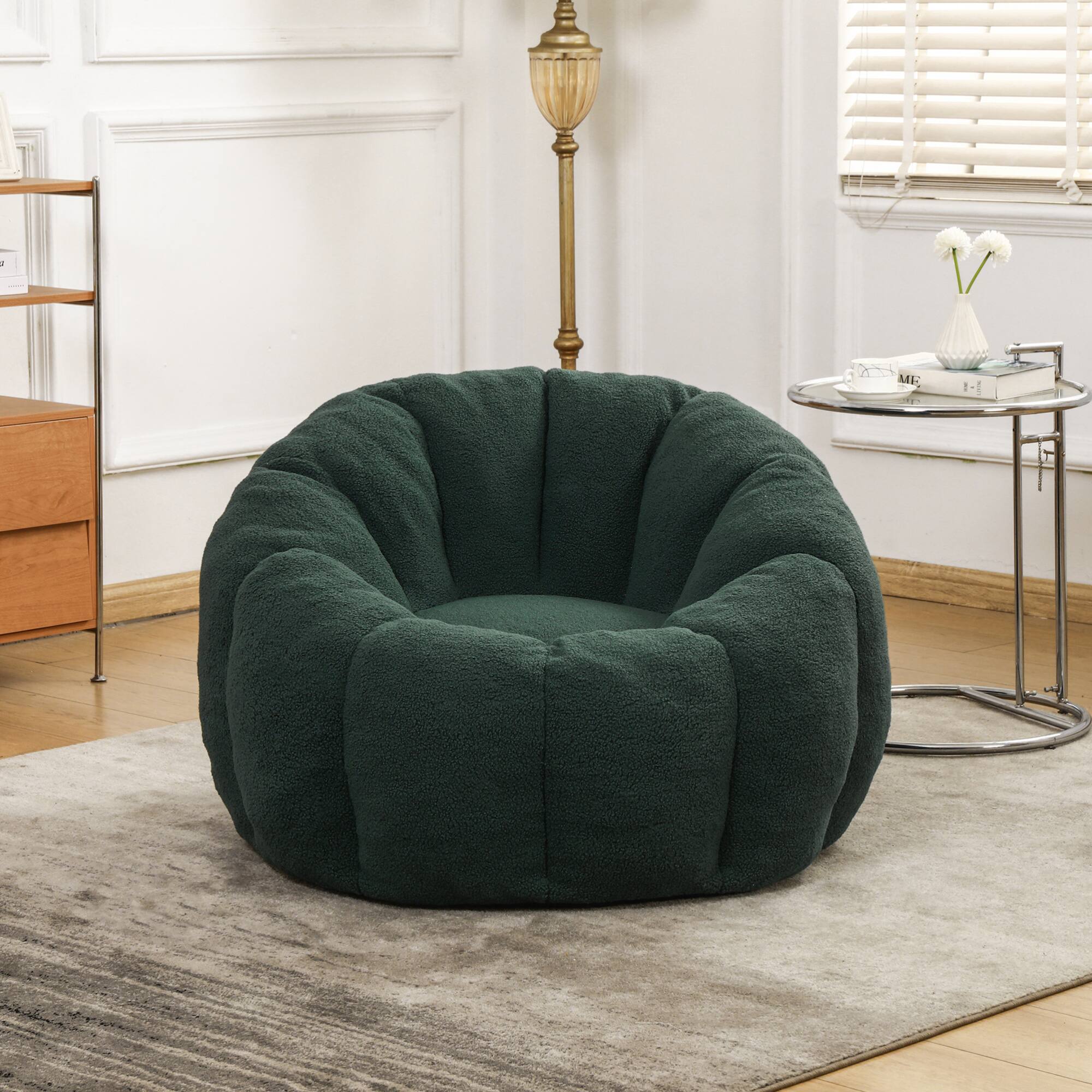 Back. GOODSILO - Plush Faux Fur Bean Bag Chair with Armrests and Ergonomic Backrest for Ultimate Relaxation in Living Spaces - Green.
