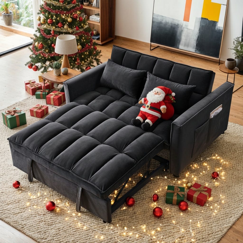 Front. Kadyn - 54 Inch Adjustable Backrest Sofa, Sofa Bed, Futon Sofa with Double Armrest and Pouch for Living Room - Black.