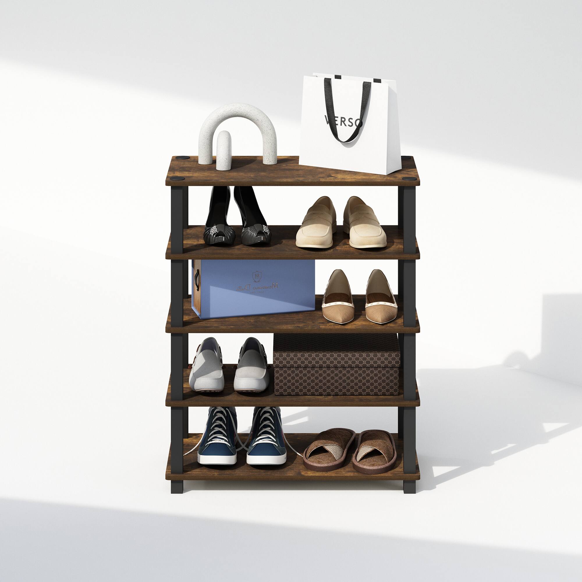 Alt View 4. Furinno - Turn-S-Tube 3-Tier Multipurpose Stackable Shoe Rack, Set of 2 - Amber Pine/Black.