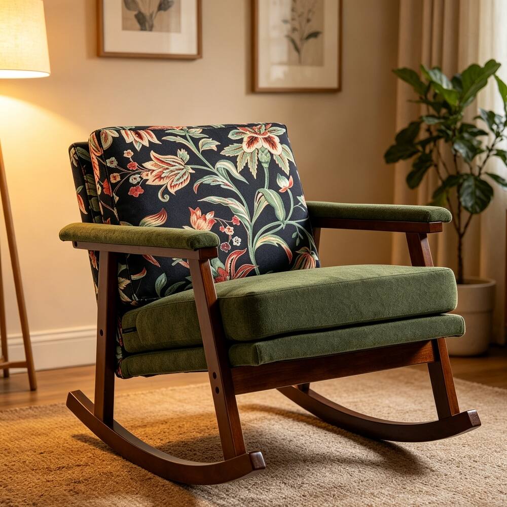 Angle. Loheer - Loheer Mid Century Modern Accent Chair Solid Wood Rocking Chair Green - Green.