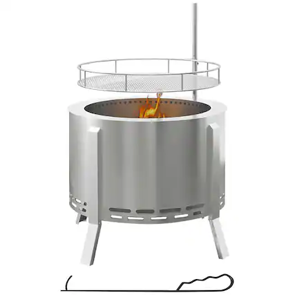 Front. Outsunny - 2-in-1 Smokeless Fire Pit, BBQ Grill, 19" Portable Wood Burning Firepit with Cooking Grate and Poker - Silver.