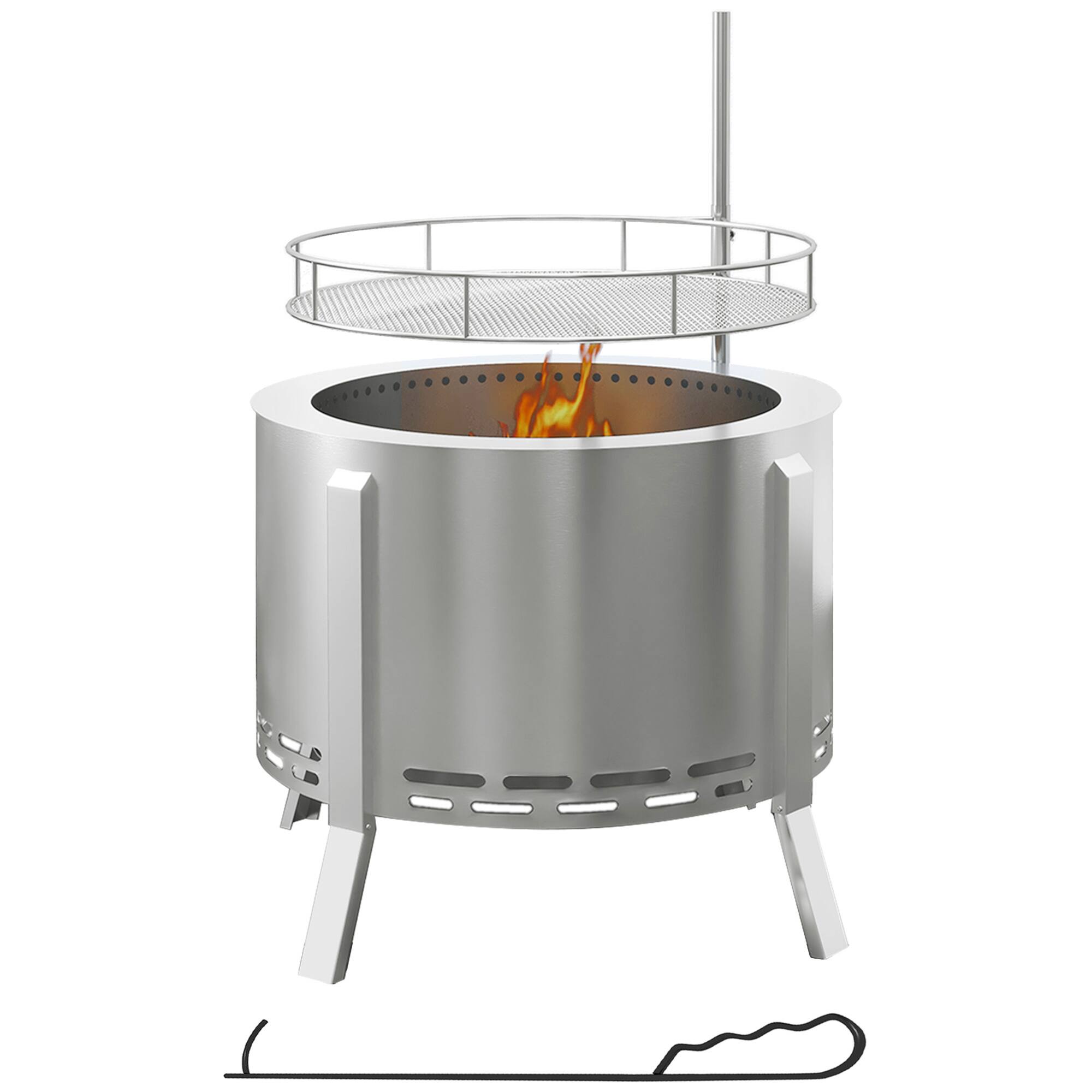 Front. Outsunny - 2-in-1 Smokeless Fire Pit, BBQ Grill, 19" Portable Wood Burning Firepit with Cooking Grate and Poker - Silver.