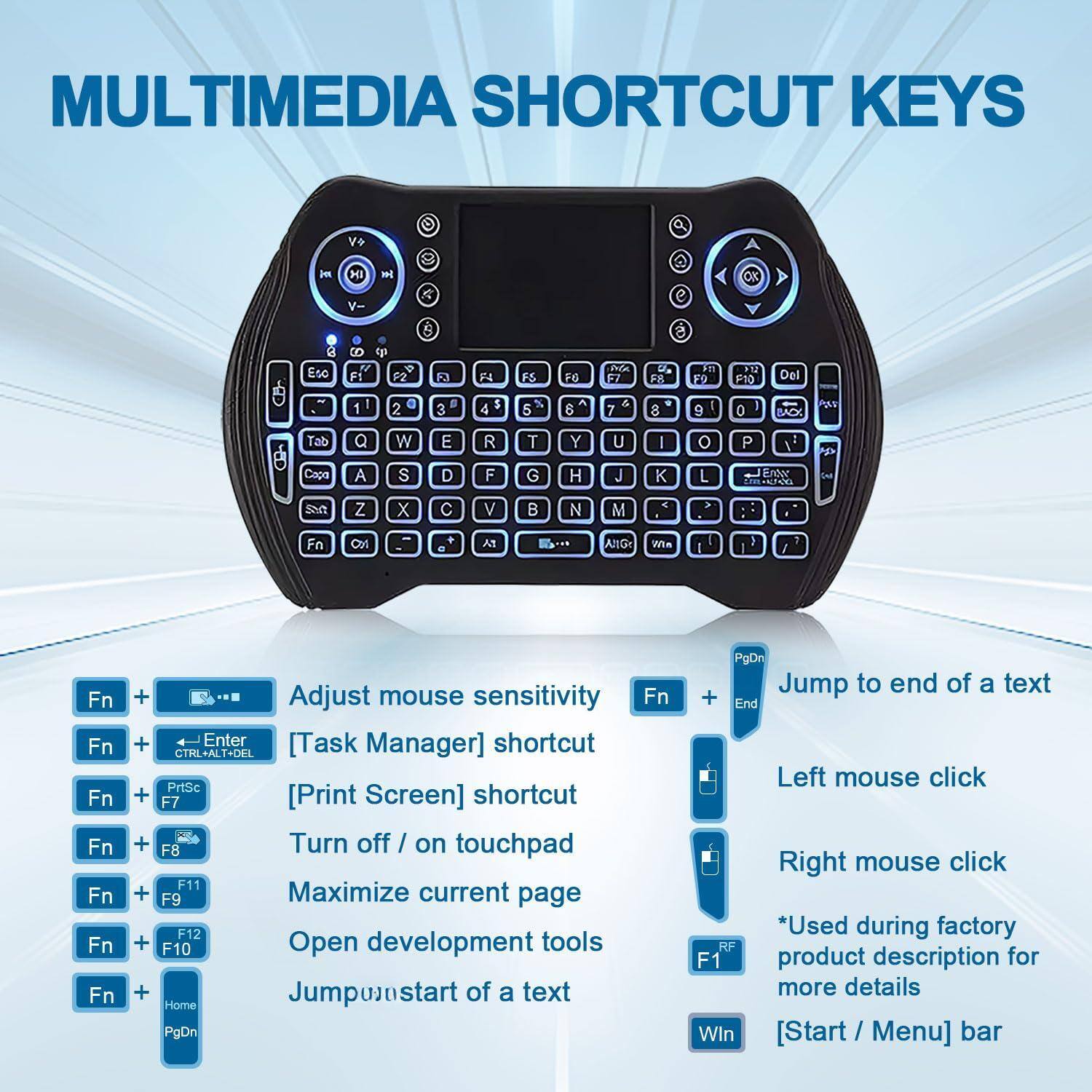 MULTIMEDIA SHORTCUT KEYS

- Fn + Adjust mouse sensitivity
- Fn + Enter [Task Manager] shortcut
- Fn + PrtSc + F7 [Print Screen] shortcut
- Fn + F8 Turn off / on touchpad
- Fn + F11 Maximize current page
- Fn + F12 + F10 Open development tools
- Fn + Home PgDn Jump to start of a text
- Fn + End Jump to end of a text
- Left mouse click
- Right mouse click
- *Used during factory product description for more details
- Win [Start / Menu] bar