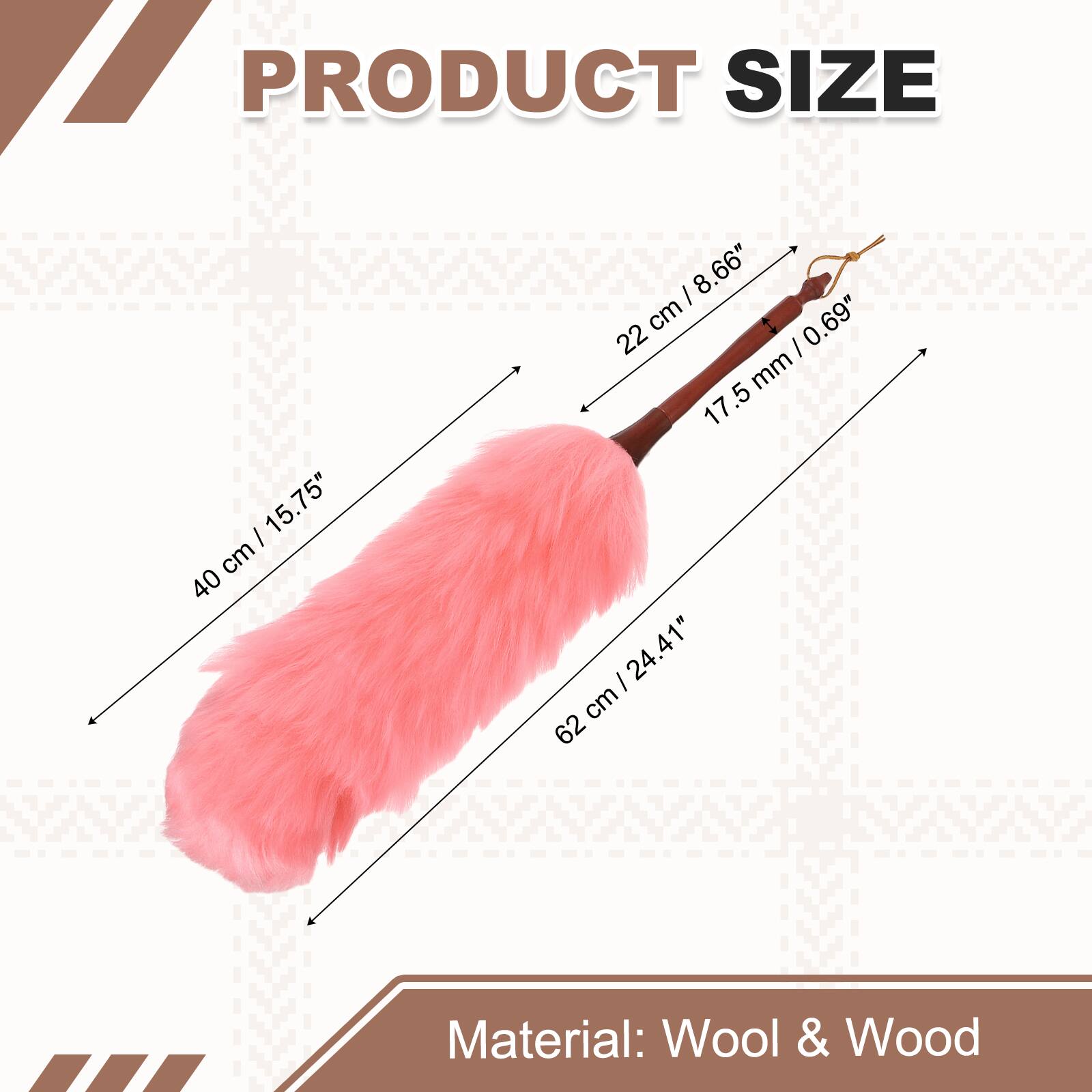 PRODUCT SIZE

- 15.75" / 40 cm
- 8.66" / 22 cm
- 0.69" / 17.5 mm
- 24.41" / 62 cm

Material: Wool & Wood