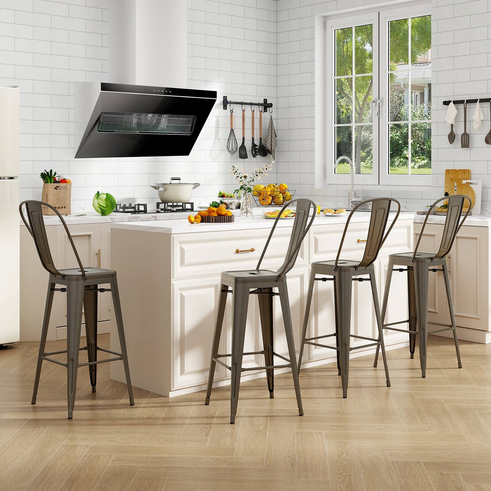 Alt View 1. Ecooso - Set of 4 Bar Height Chairs Stackable Metal Bar Stools with Removable Backrest - Gun.