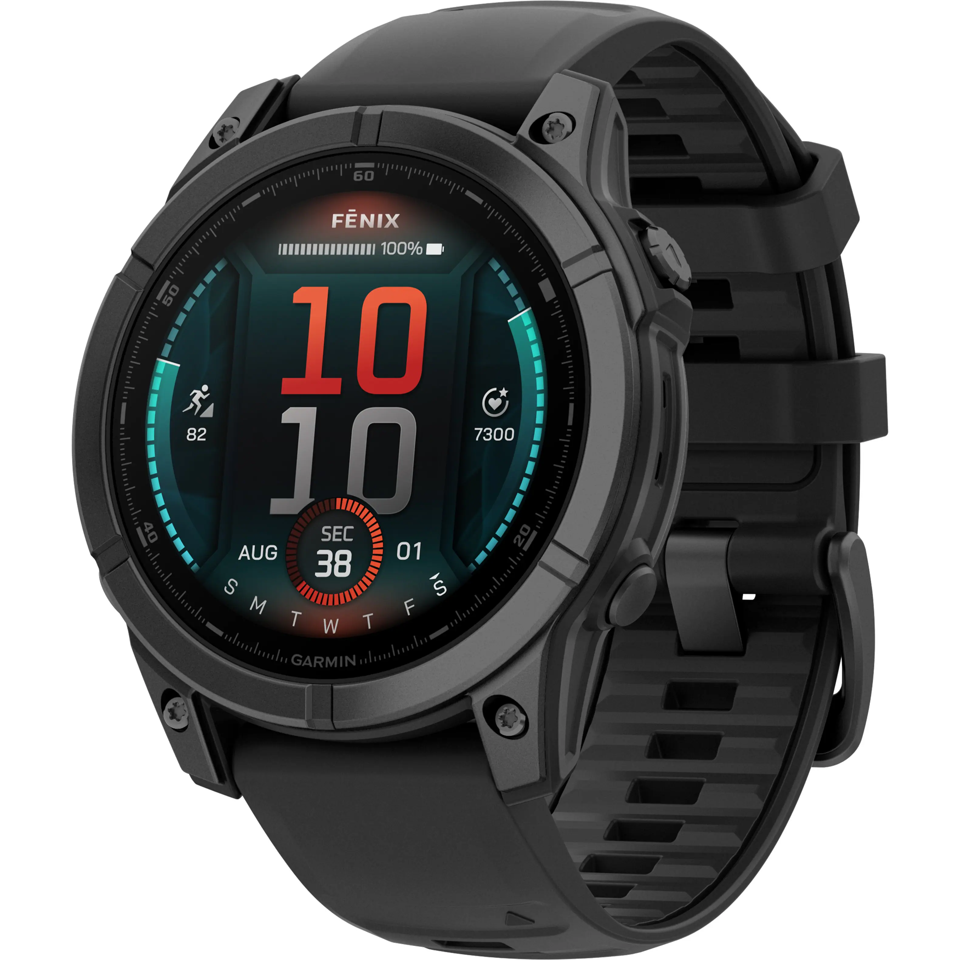 The text on the image reads: "Fenix 100% 50 10 82 7300 JO 40 SEC 20 AUG 01 38 S s S W GARMIN."
