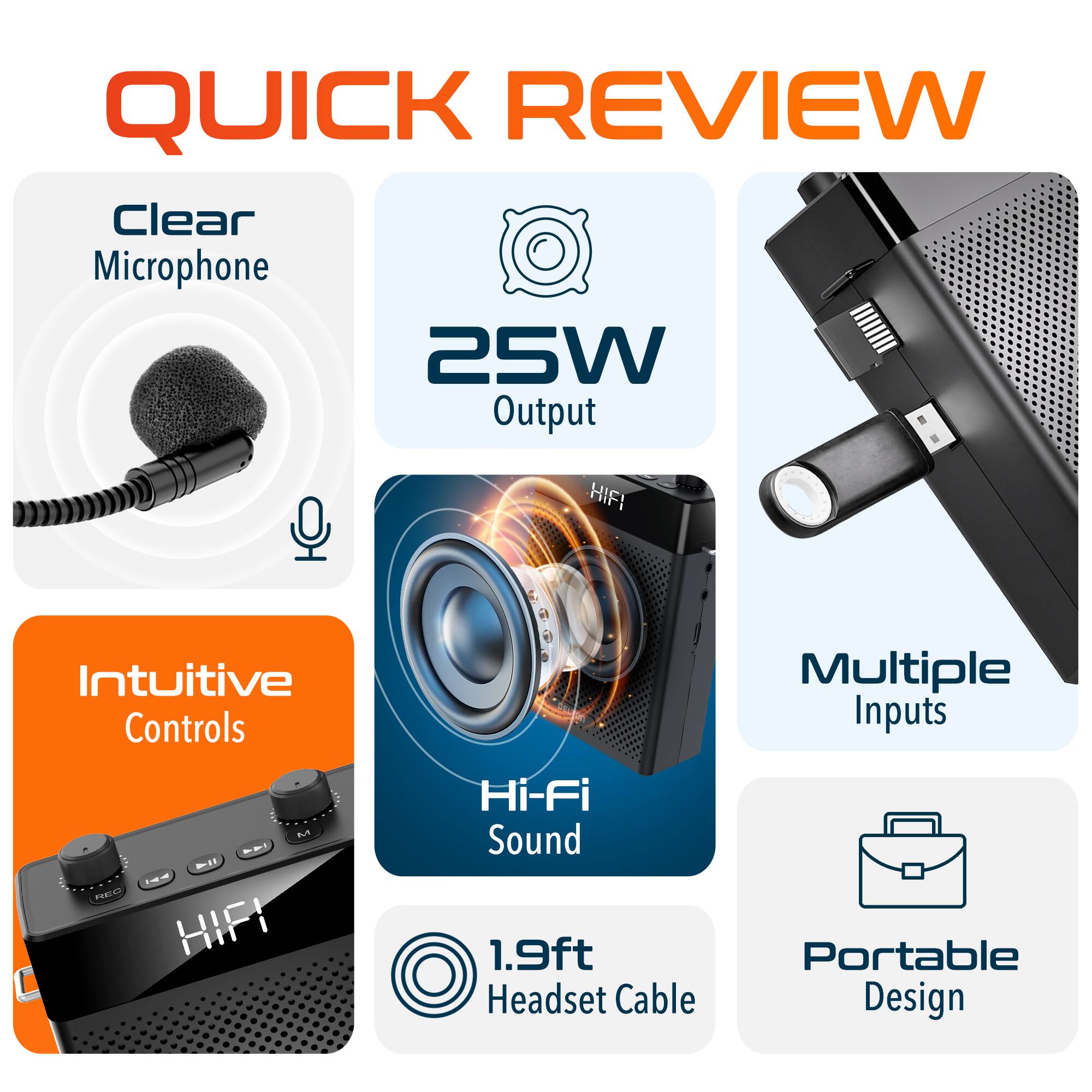 QUICK REVIEW

Clear Microphone
25W Output
Intuitive Controls
Hi-Fi Sound
1.9ft Headset Cable
Multiple Inputs
Portable Design