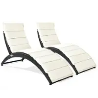 Costway - 2PCS Folding Patio Rattan Lounge Chair Chaise Cushioned Portable Garden - Black - Front_Zoom