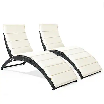 Front. Costway - 2PCS Folding Patio Rattan Lounge Chair Chaise Cushioned Portable Garden - Black.