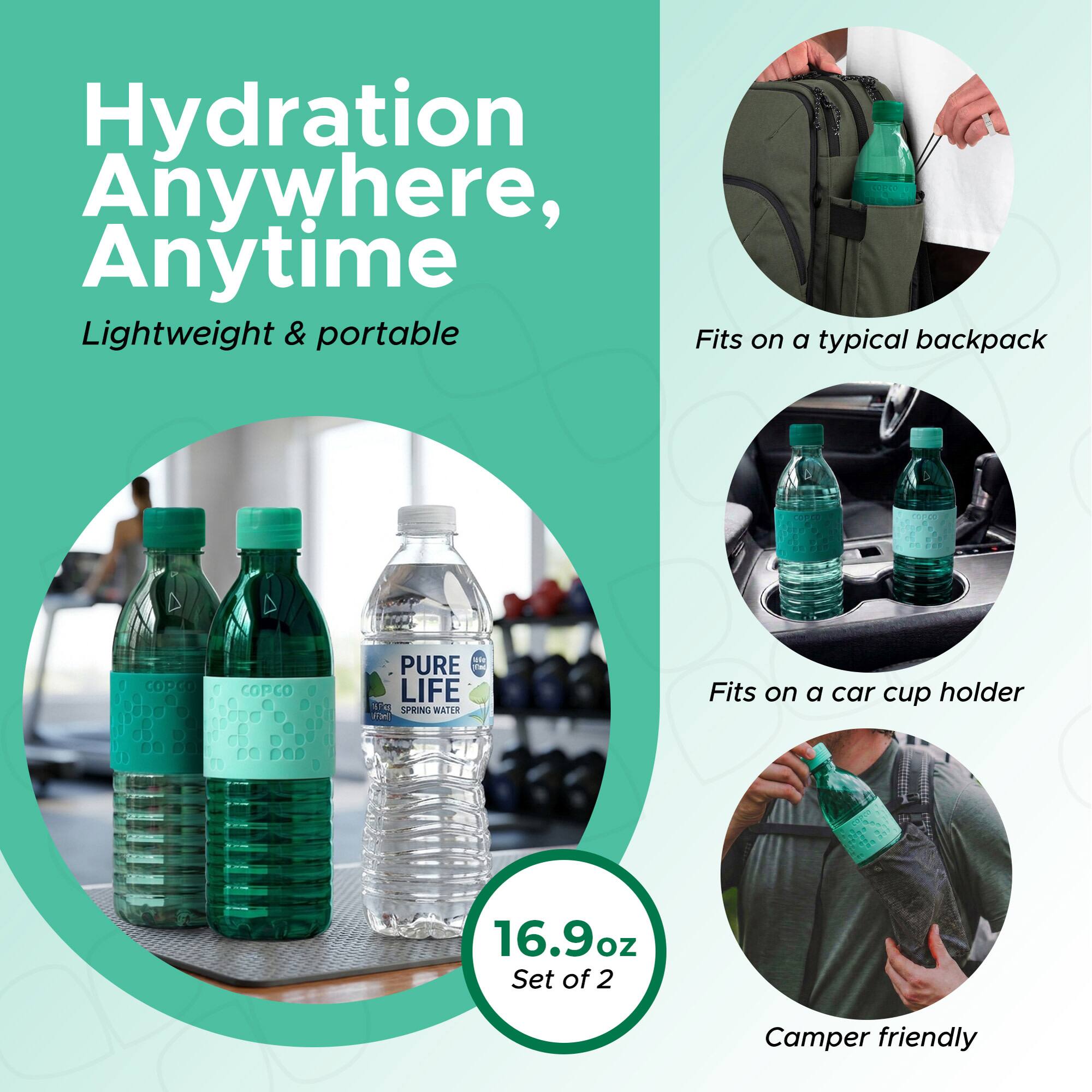 Hydration Anywhere, Anytime  
Lightweight & portable  
Fits on a typical backpack  
Fits on a car cup holder  
16.9oz Set of 2  
Camper friendly