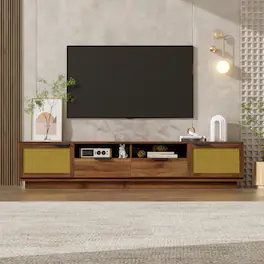 MERAVOM - TV Stand for 85'' TV, Mid Century Modern Entertainment Center with Storage, Media Console with 2 Drawers for Living Room - Walnut