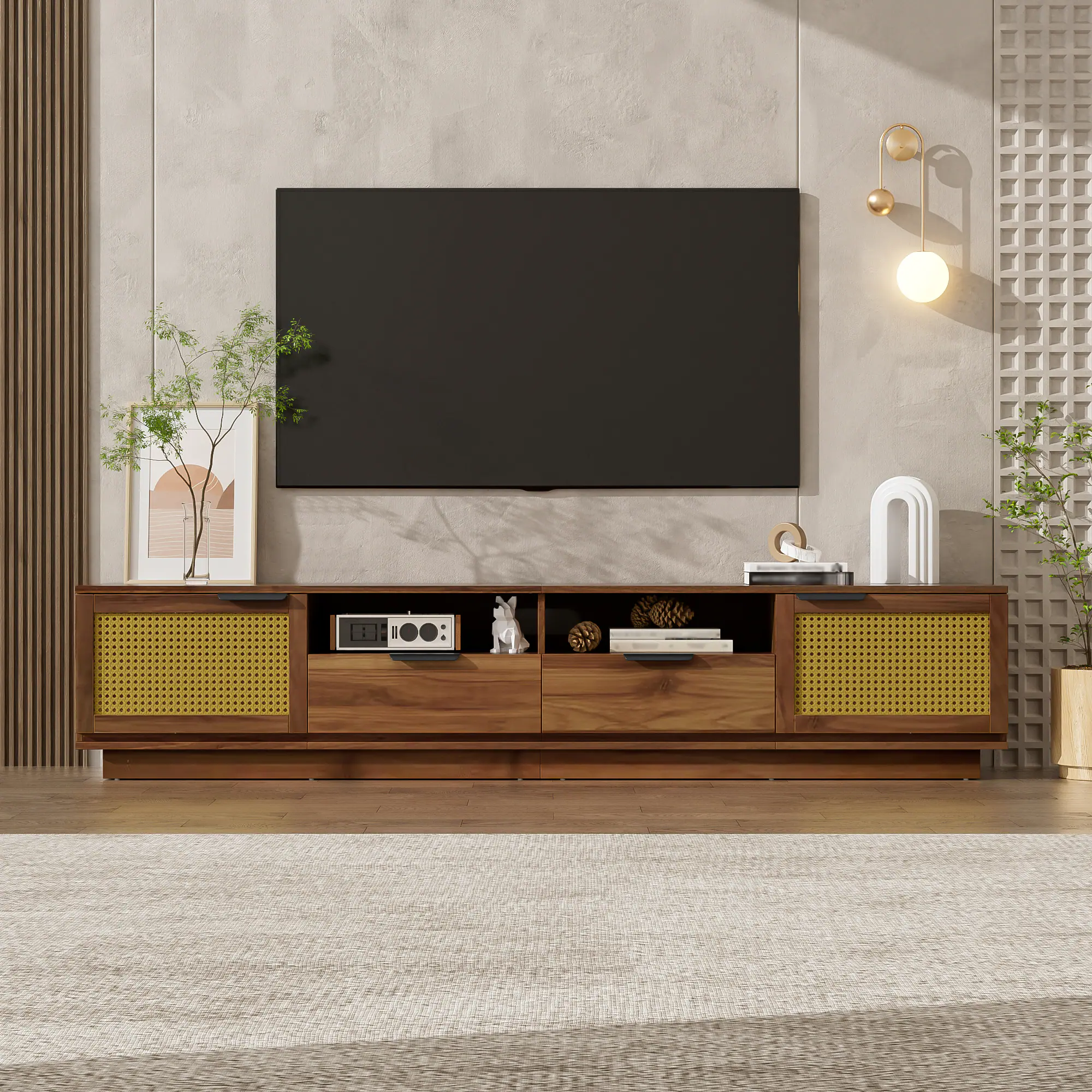 MERAVOM - TV Stand for 85'' TV, Mid Century Modern Entertainment Center with Storage, Media Console with 2 Drawers for Living Room - Walnut