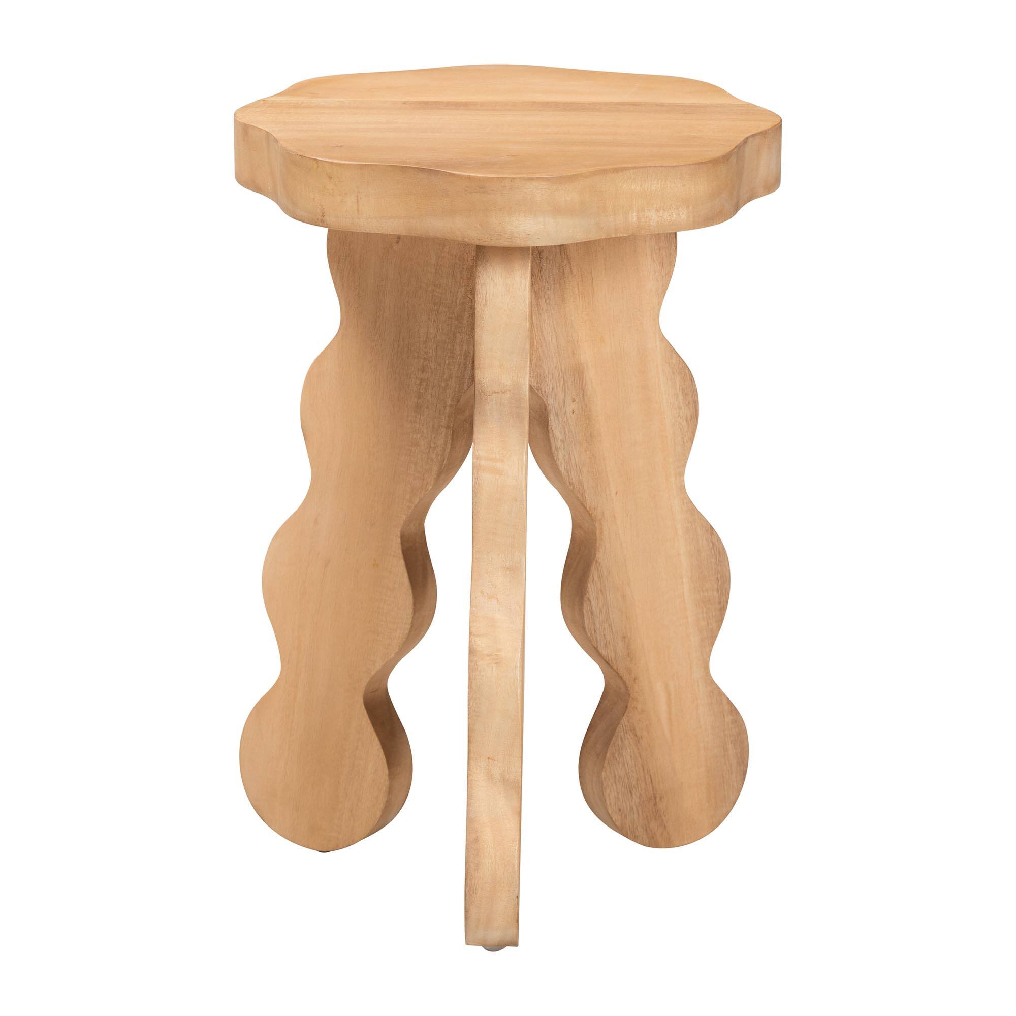 Angle. bali & pari - Sino Acacia Wood Multipurpose Accent Stool - Sculptural End Table with Wavy Tripod Base - Natural Brown.