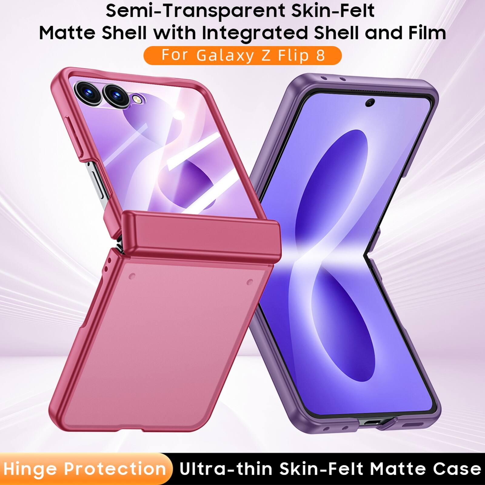 Semi-Transparent Skin-Felt Matte Shell with Integrated Shell and Film For Galaxy Z Flip 8  
Hinge Protection Ultra-thin Skin-Felt Matte Case