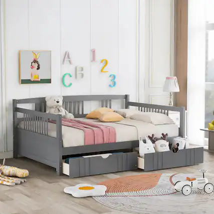 Front. Whisen - Wood Daybed with Two Storage Drawers, Multi-Functional Sofa Bed Frame - Gray.