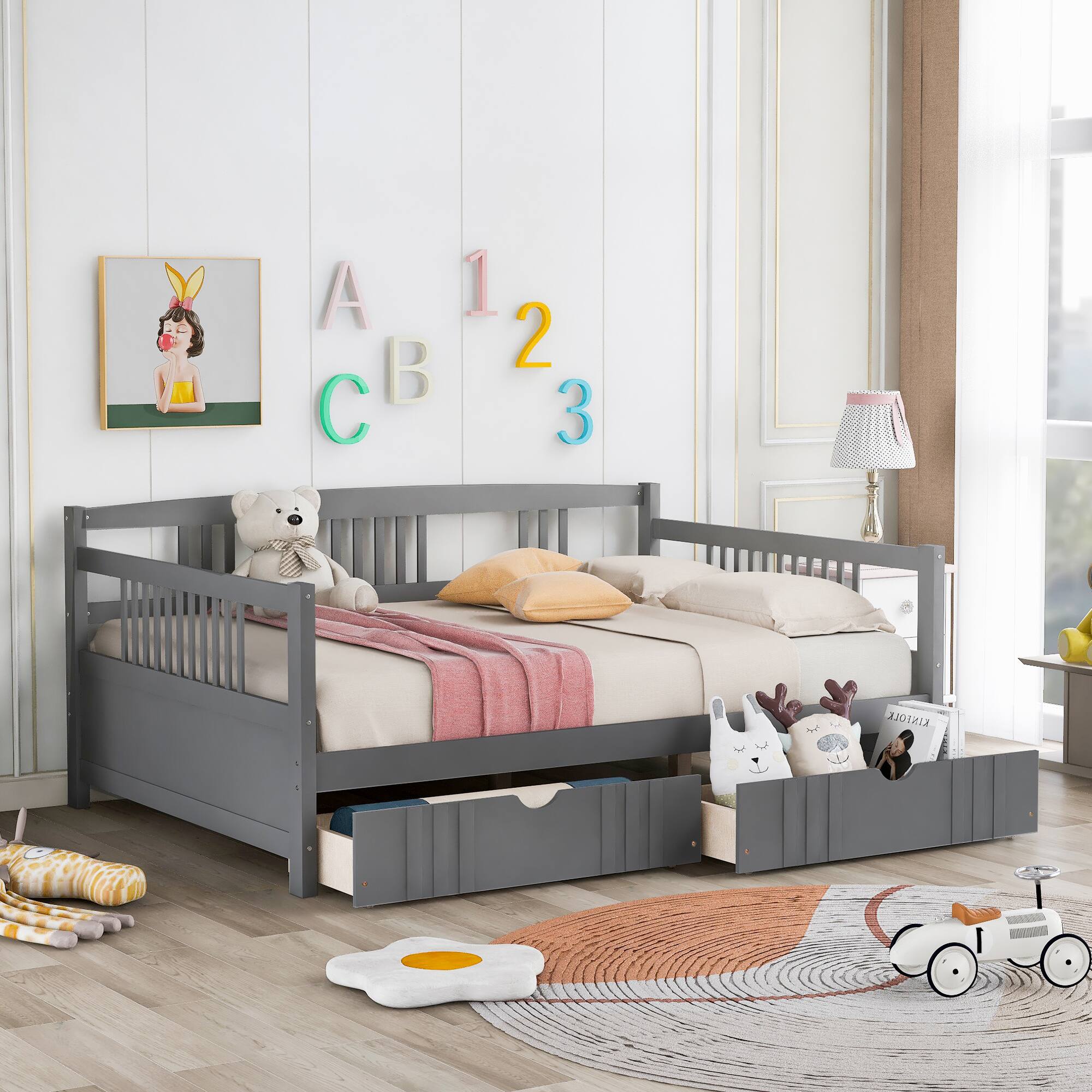 Front. Whisen - Wood Daybed with Two Storage Drawers, Multi-Functional Sofa Bed Frame - Gray.