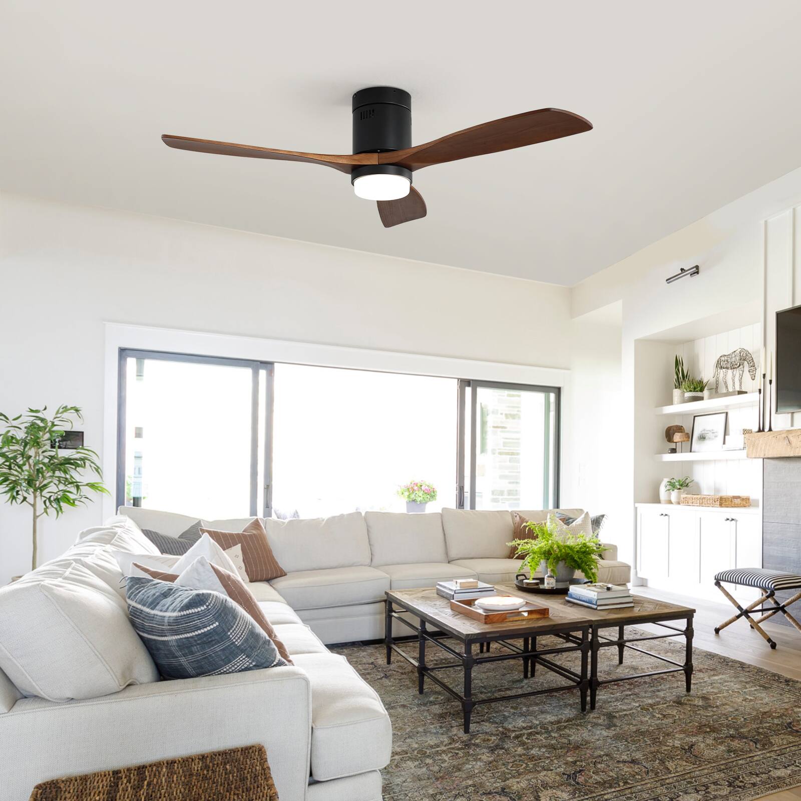 Alt View 4. Sofucor - Wood Low Profile Flush Mount Ceiling Fan Smart Outdoor Farmhouse Ceiling Fan with Light and APP & Remote Control - Black - Walnut Wood.