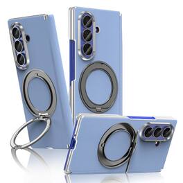 Dteck - Magnetic Shockproof Hinge Case for Samsung Galaxy Z Fold8 Ultra with Swivel Ring Stand, Faux Leather Rigid Plastic Cover - Sierrablue