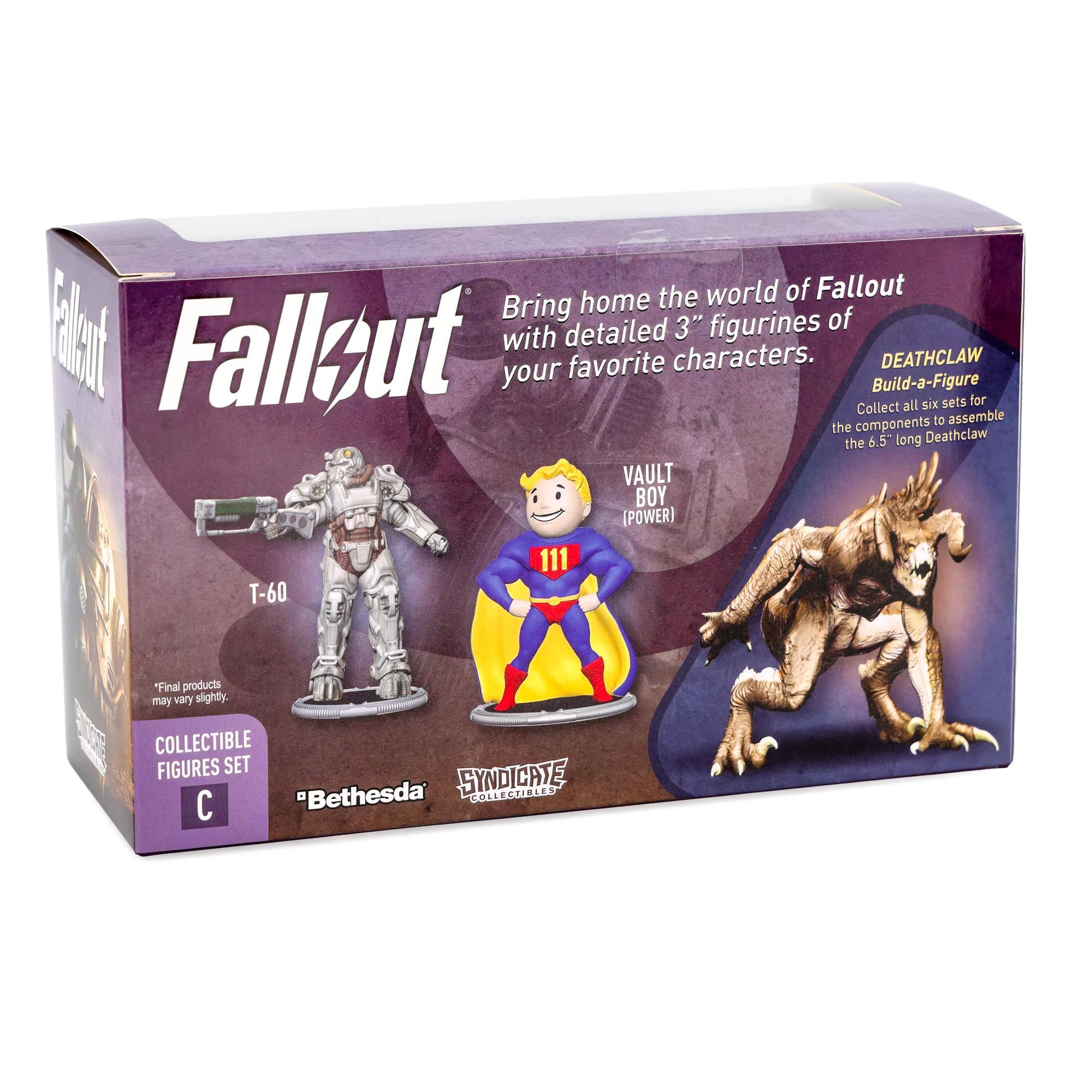Bring home the world of Fallout with detailed 3" figurines of your favorite characters. Collect Build-a-Figure DEATHCLAW all six sets to assemble the components for the 6.5" long Deathclaw. VAULT BOY (POWER) 111 T-60 *Final products may vary slightly. COLLECTIBLE FIGURES SET SYNDICATE COLLECTIBLES "Bethesda"