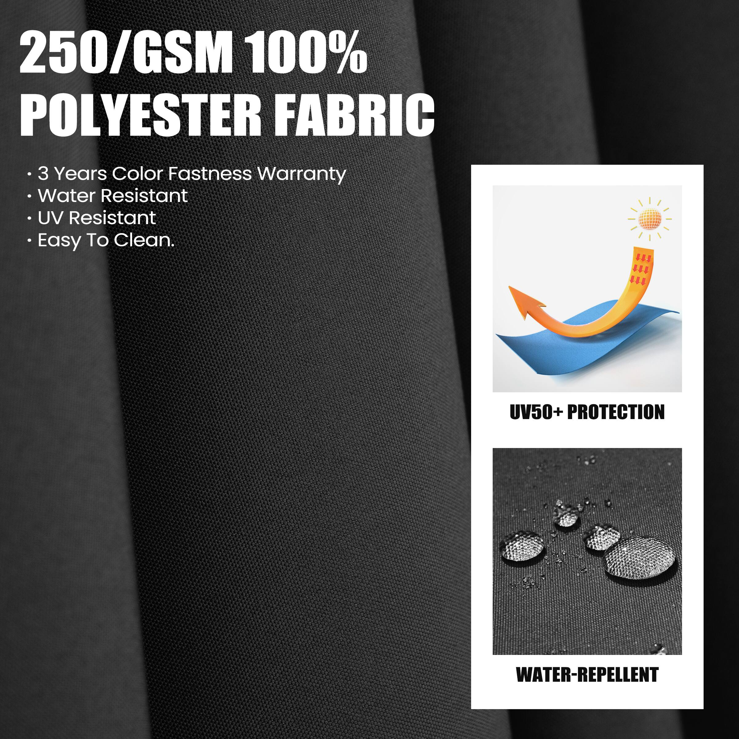 250/GSM 100% POLYESTER FABRIC

- 3 Years Color Fastness Warranty
- Water Resistant
- UV Resistant
- Easy To Clean.

UV50+ PROTECTION

WATER-REPELLENT