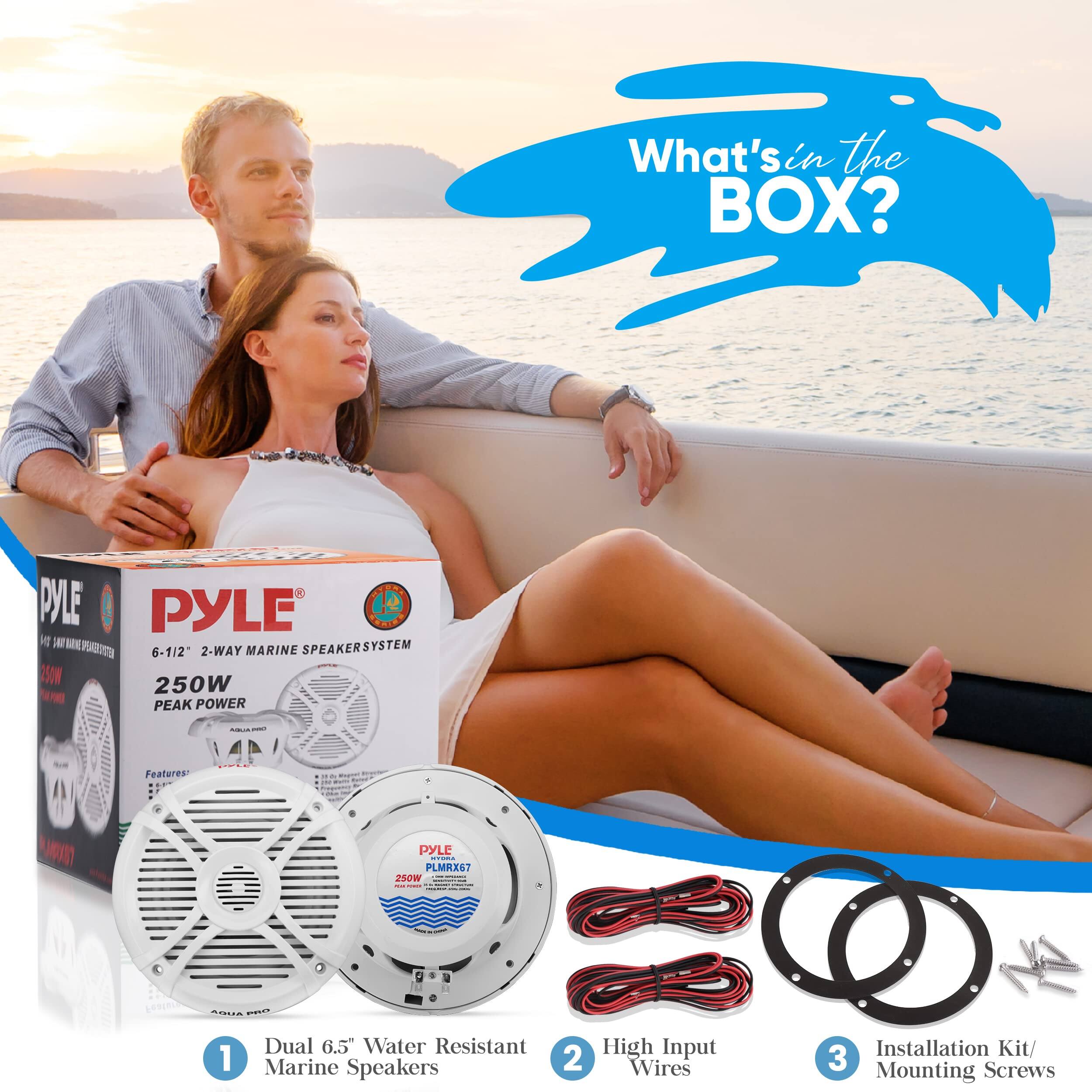 What's in the BOX?  
PYLE - 6-1/2" 2-WAY MARINE SPEAKER SYSTEM  
250W PEAK POWER  

Features:  
- PYLE - PLMRX67  
- Dual 6.5" Water Resistant Marine Speakers  
- High Input Wires  
- Installation Kit/ Mounting Screws