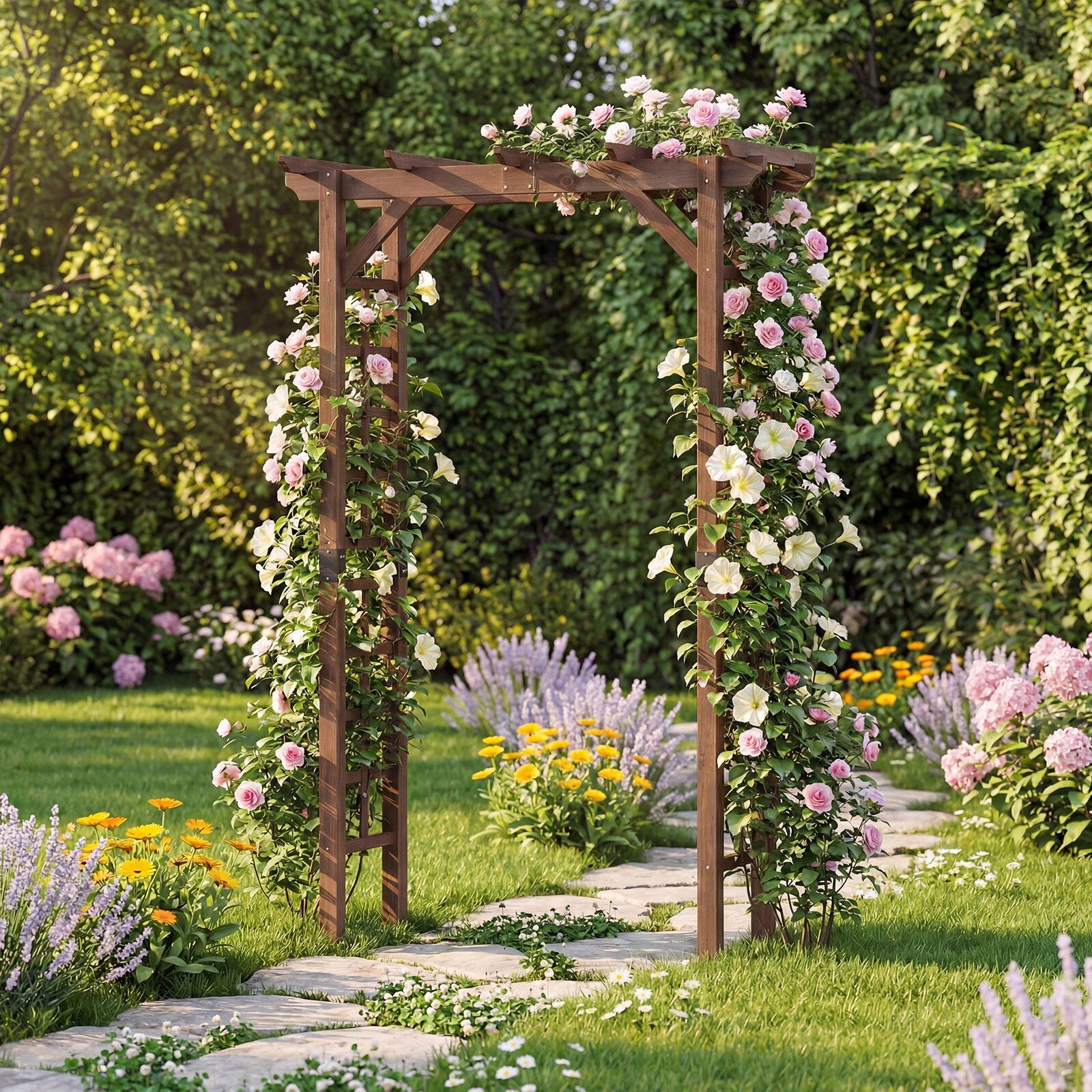Alt View 5. Gymax - Gymax 7 FT Garden Arch Wooden Arbor Outdoor Wood Trellis for Climbing Plants - Brown.