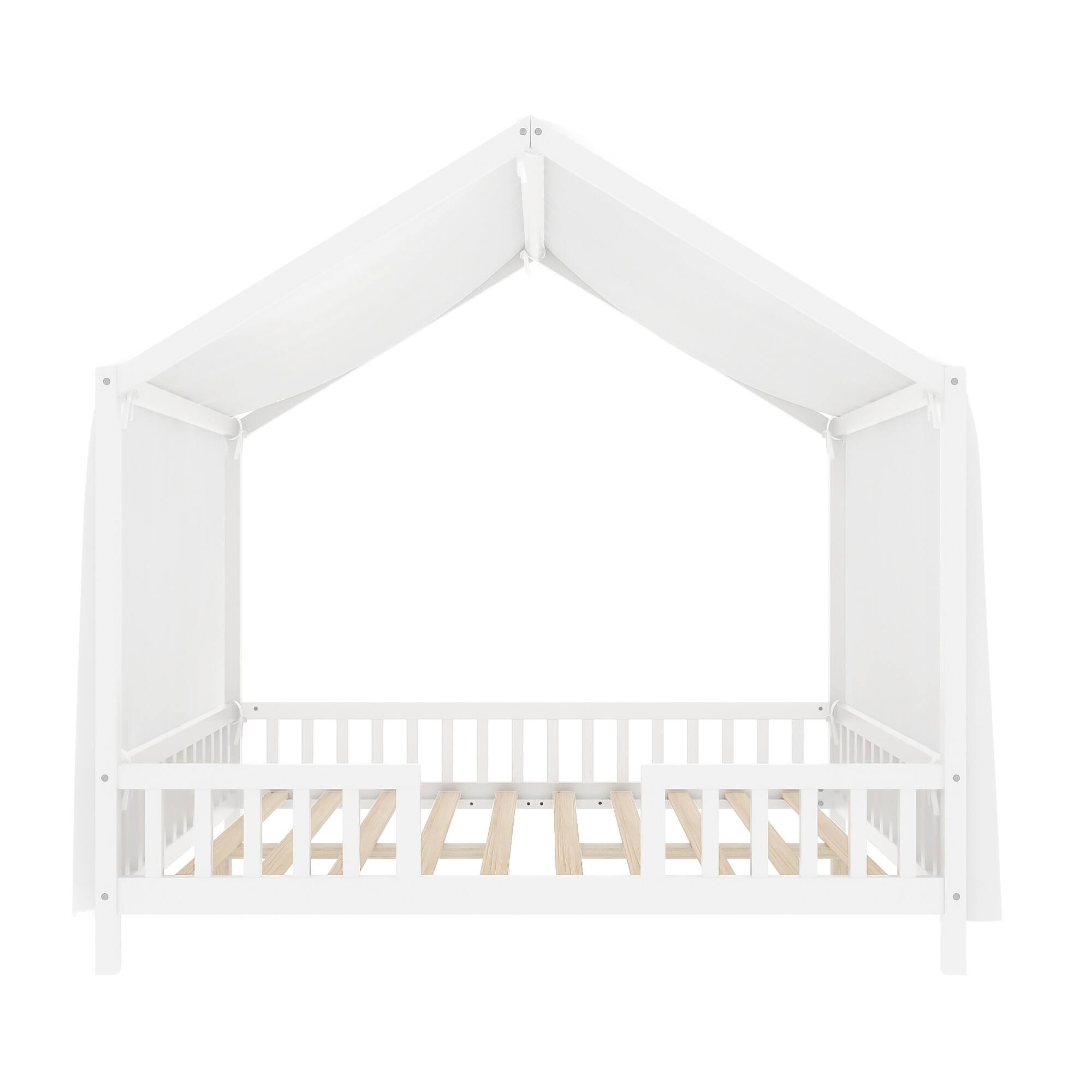 Alt View 5. GOODSILO - Creative Canopy House-Shaped Children's Floor Bed with Safety Railings for Cozy Sleep Space - White.