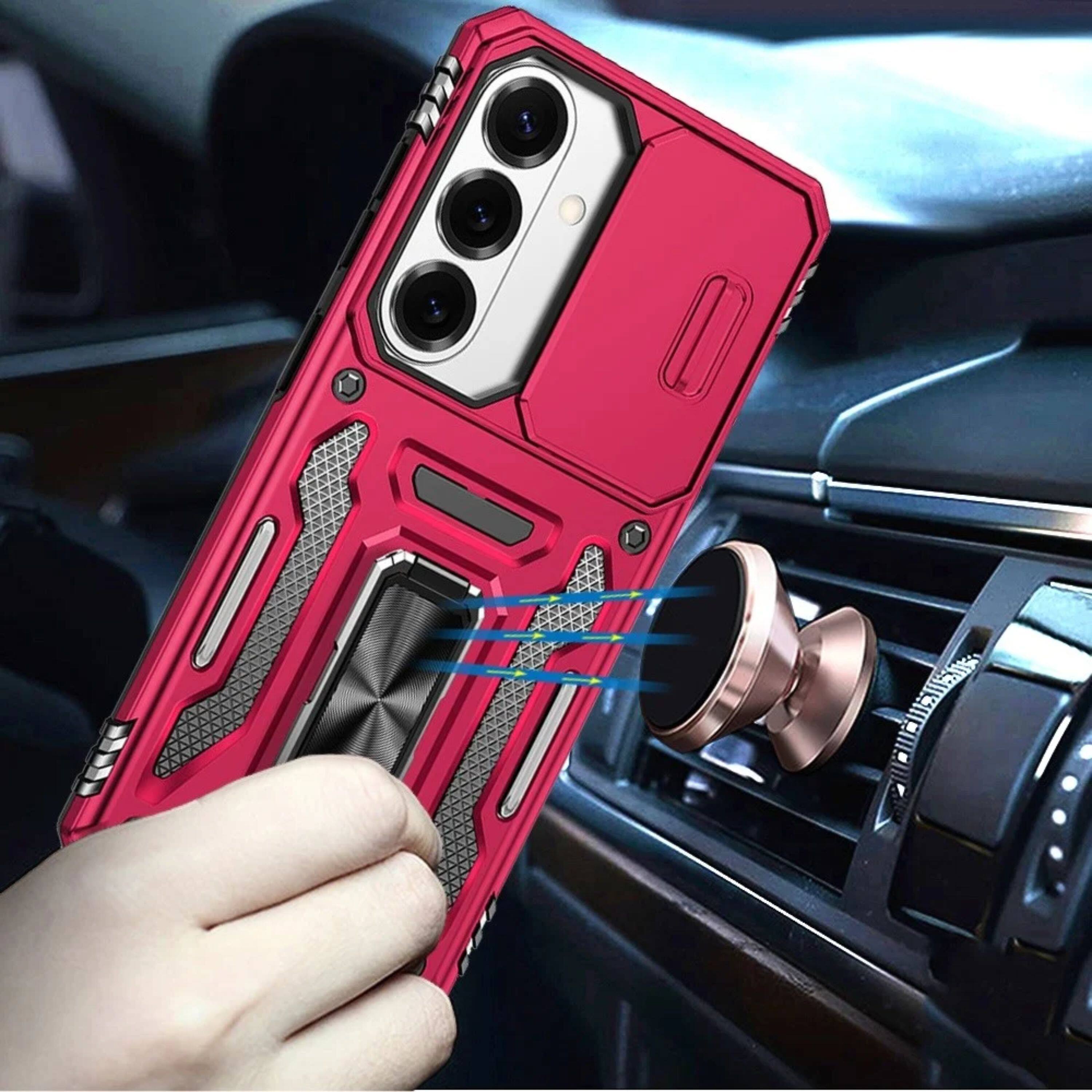 Left. Kitcheniva - Sleek Sliding Lens Cover Magnetic Ring Stand Case With Tempered Glass For Samsung S26 FE Hot Pink - Hot Pink.