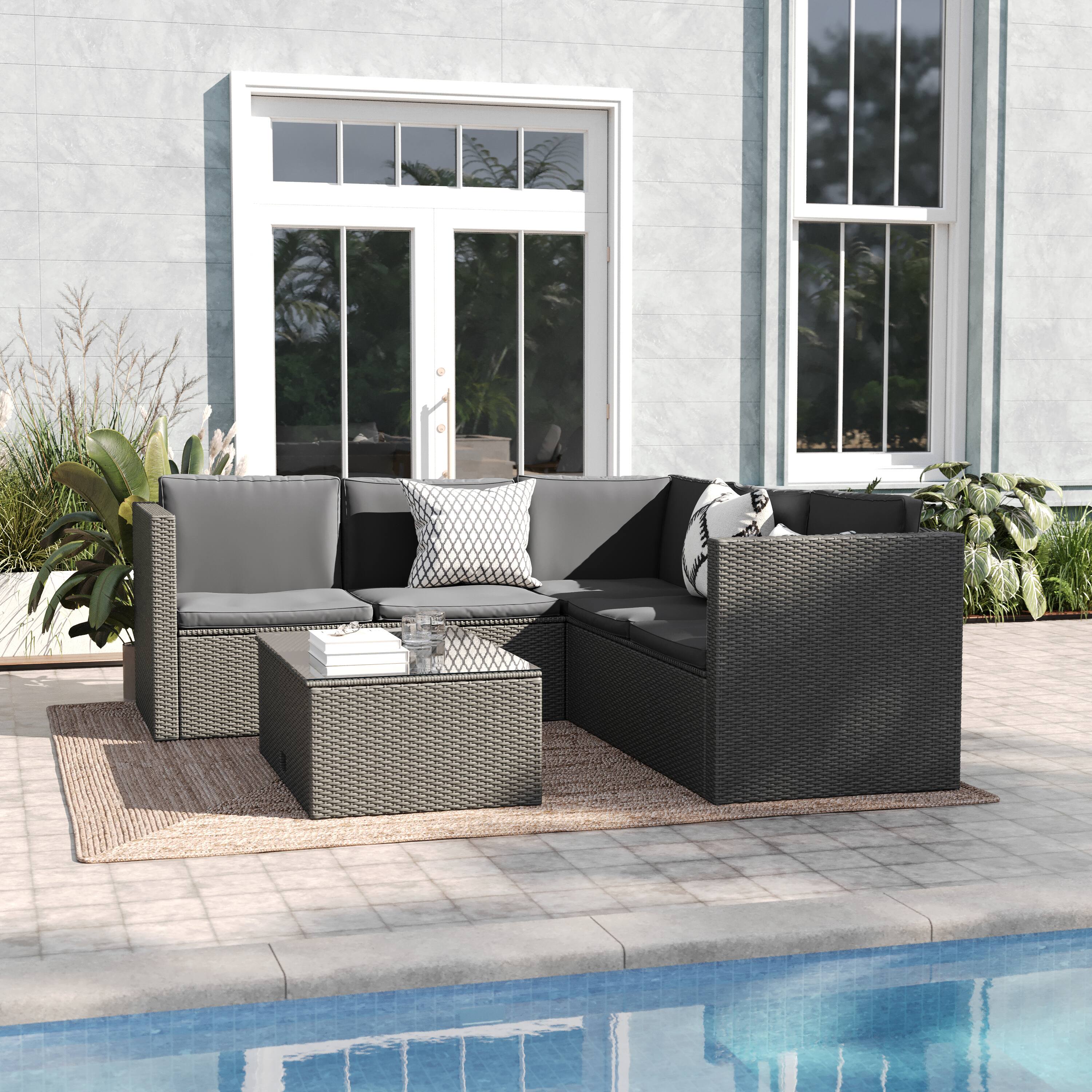 Alt View 1. Emma + Oliver - Beal All Weather Wicker PE Rattan L-Shaped Sectional Sofa with Coffee Table and Included Back and Seat Cushions - Gray Cushions/Gray Frame.