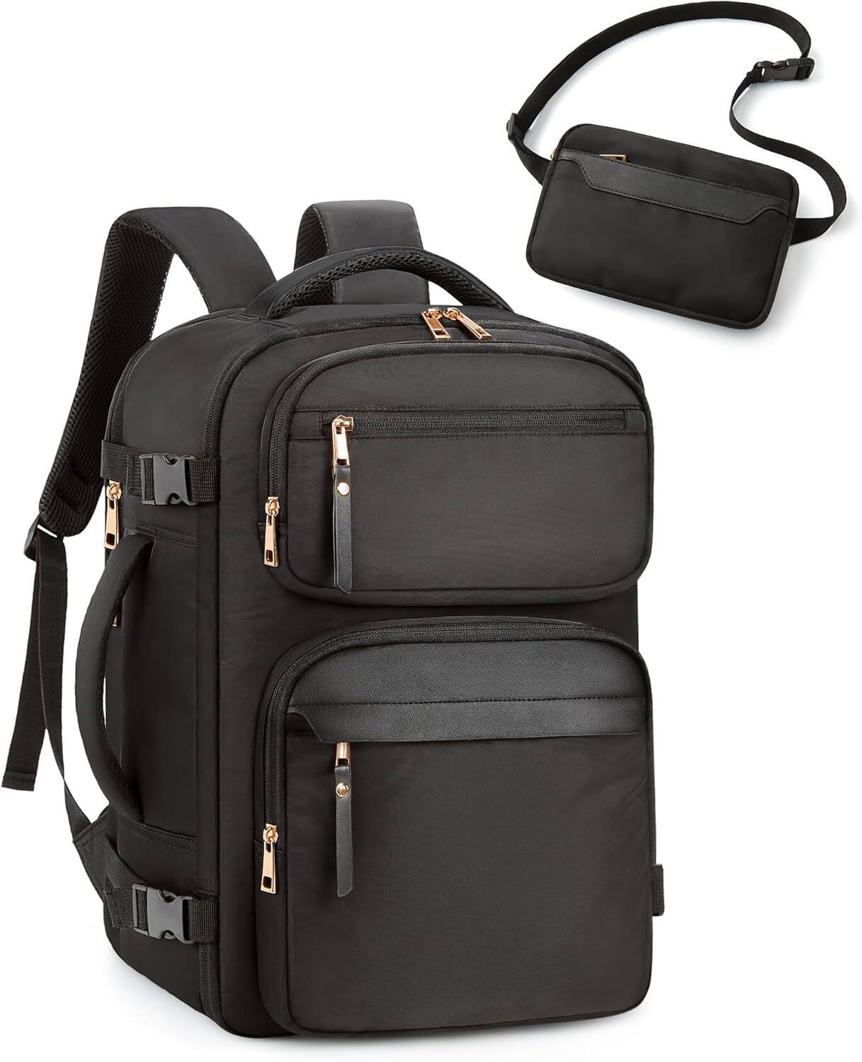 Front. ZUQIETA - ZUQIETA Women's Flight-Approved Travel Backpack with Waist Bag, Fits 17.3" Laptop - Black - Black.