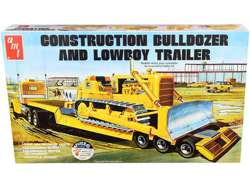 Skill 3 Model Kit Construction Bulldozer and Lowboy Trailer Set of 2 pieces 1/25 Scale Model by AMT - Yellow