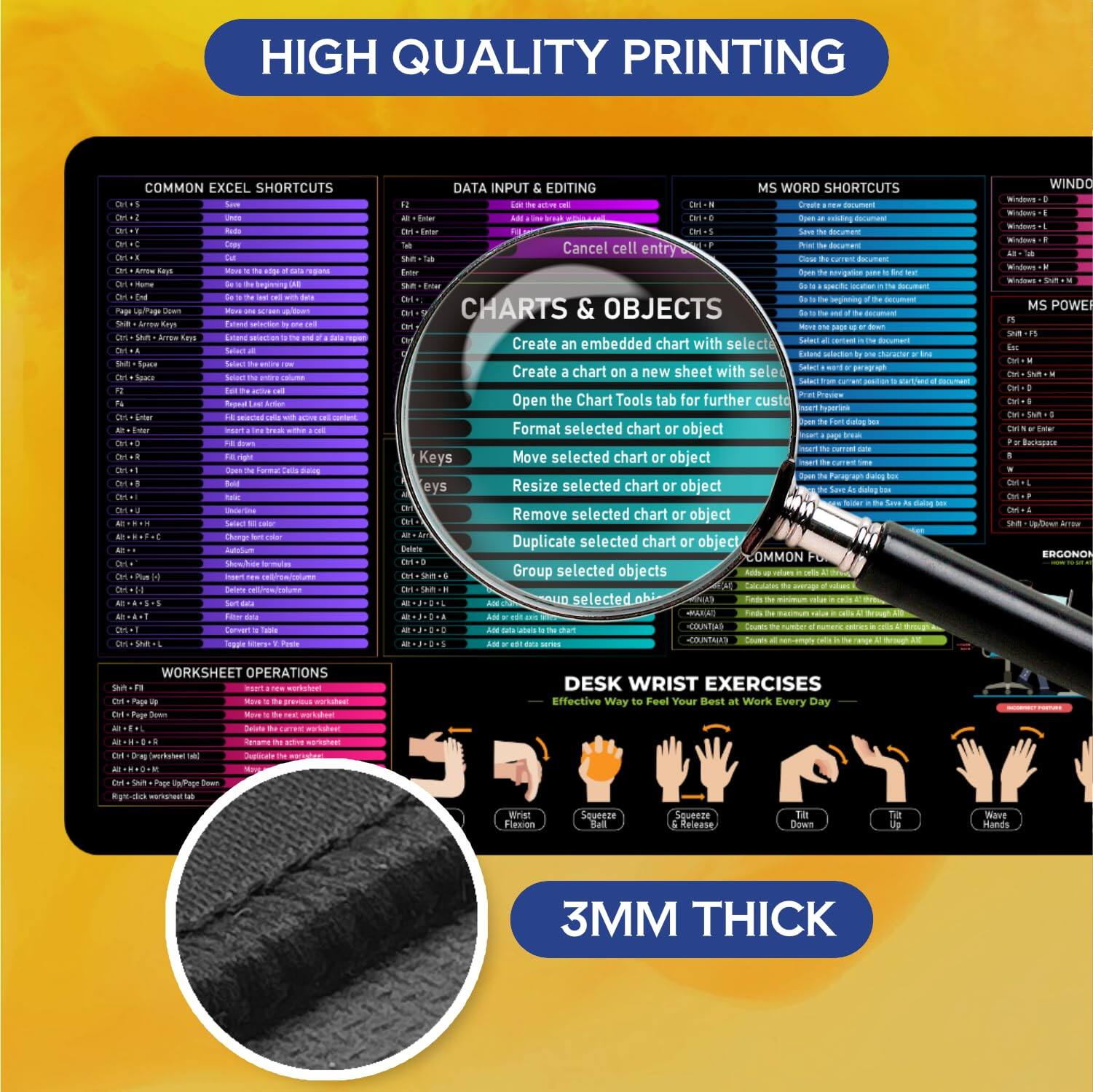 **HIGH QUALITY PRINTING**

---

**COMMON EXCEL SHORTCUTS**

- Ctrl + Z: Undo
- Ctrl + Y: Redo
- Ctrl + C: Copy
- Ctrl + X: Cut
- Ctrl + V: Paste
- Ctrl + A: Select All
- Ctrl + B: Bold
- Ctrl + I: Italic
- Ctrl + U: Underline
- Ctrl + Shift + >: Increase Font Size
- Ctrl + Shift + <: Decrease Font Size
- Ctrl + Home: Go to Start of Worksheet
- Ctrl + End: Go to End of Worksheet
- Ctrl + Page Up: Go to Previous Worksheet
- Ctrl + Page Down: Go to Next Worksheet
- Ctrl + Shift + Page Up: Select Previous Worksheet
- Ctrl + Shift + Page Down: Select Next Worksheet
- Ctrl + Space: Select Column
- Shift + Space: Select Row
- Ctrl + Shift + Space: Select Entire Worksheet
- Ctrl + F: Find
- Ctrl + H: Replace
- Ctrl + G: Go To
- Ctrl + Shift + F: Format Cells
- Ctrl + Shift + H: Hide Row or Column
- Ctrl + Shift + Space: Select Entire Worksheet
