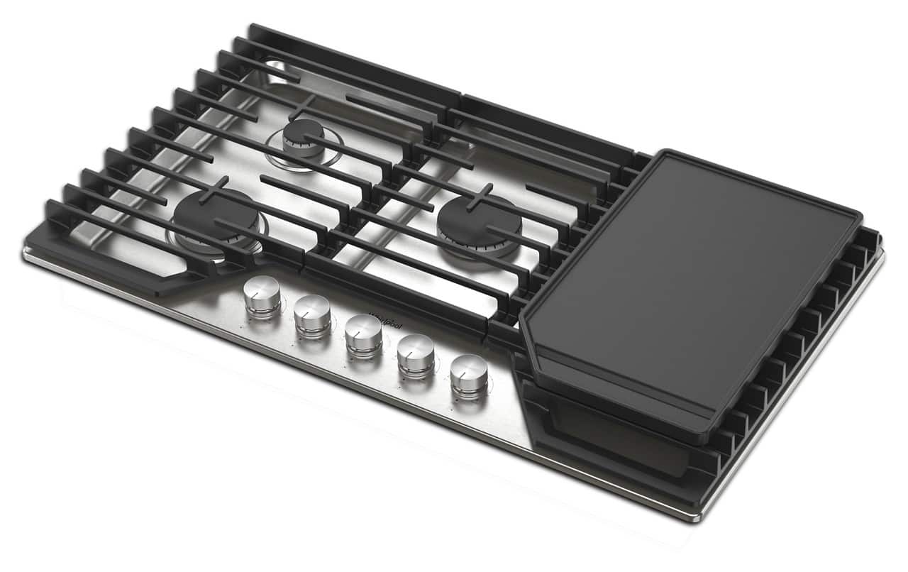 Angle. Whirlpool - 36" Built-In Gas Cooktop with 3 Burners and 2-in-1 Hinged Grate to Griddle - Stainless Steel.
