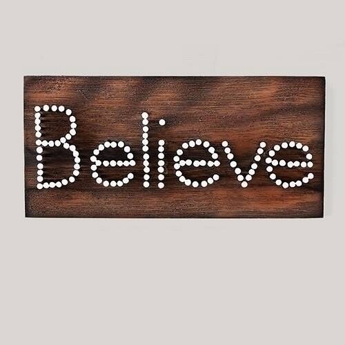 Front. Roman - 9.5" Decorative Stained Wood "Believe" Nail Plaque Table or Wall Art Decoration - Brown.