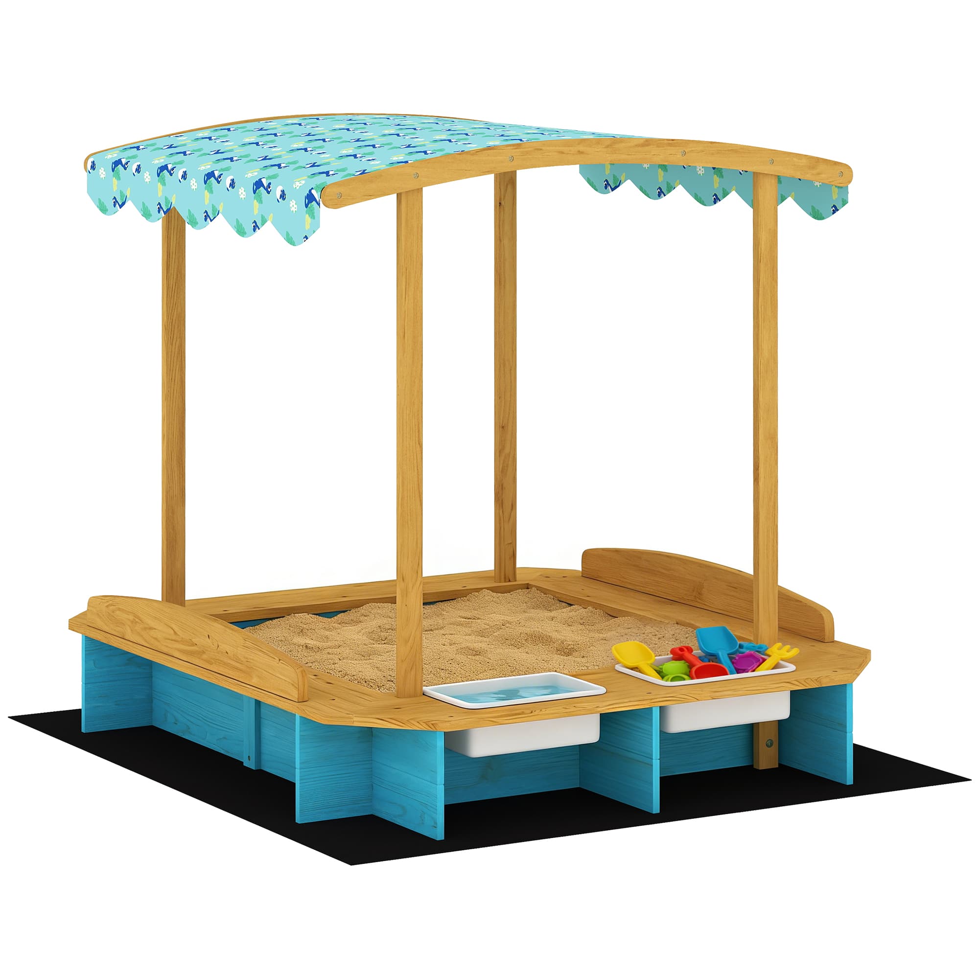 Qaba - Sandbox with Dinosaur Print Canopy Kids Sandbox Outdoor with Bench Seats & 2 Storage - Blue
