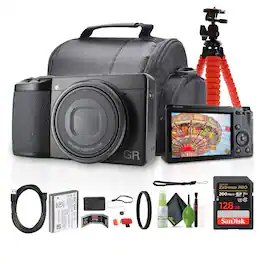 Ricoh - GR IIIx Compact Portable Digital Camera + 64GB Memory Card + Camera Bag + More - Black