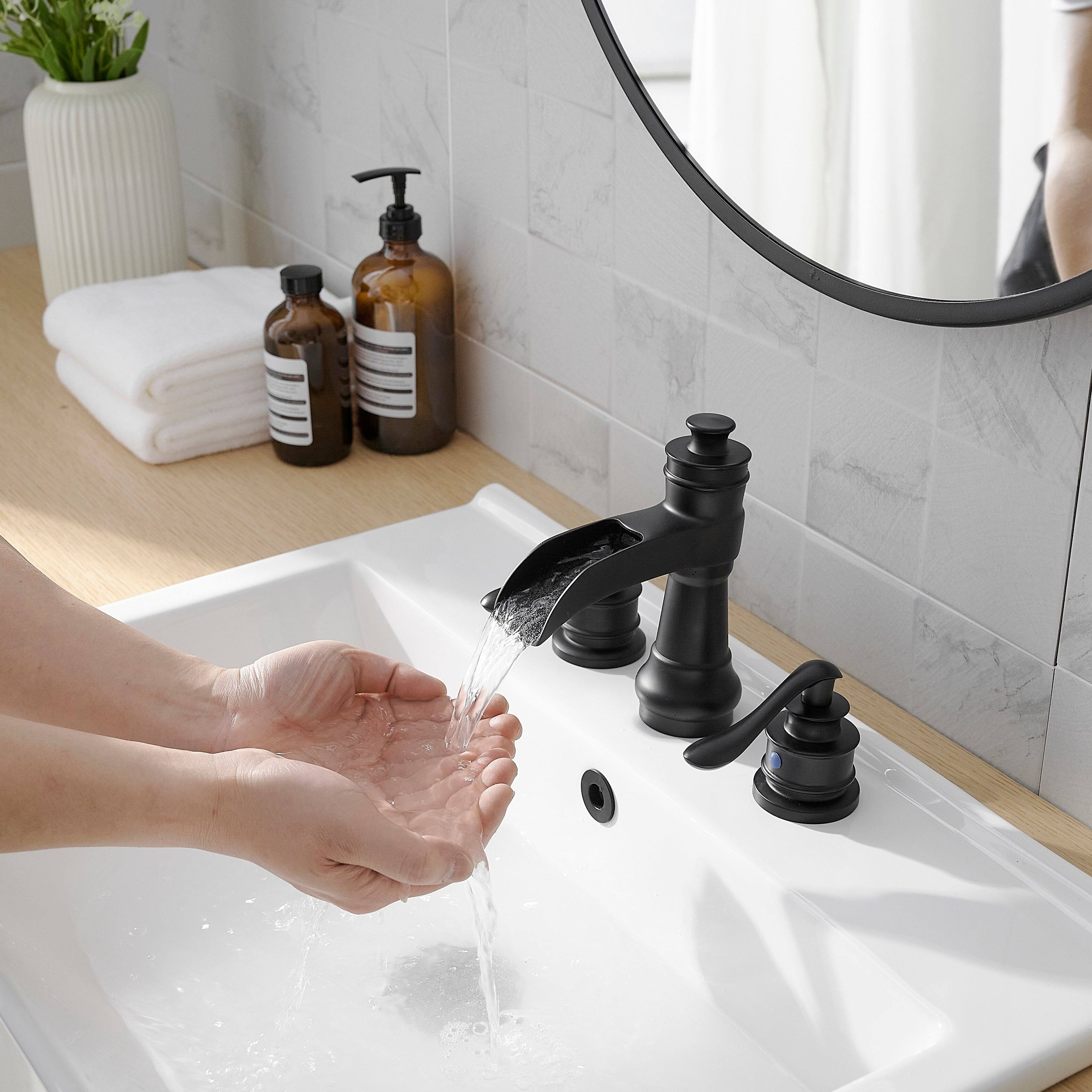 Alt View 7. Boyel Living - Waterfall 8 Inch Widespread 2 Handle Bathroom Faucet with Drain Assembly in Matte Black - Matte Black.