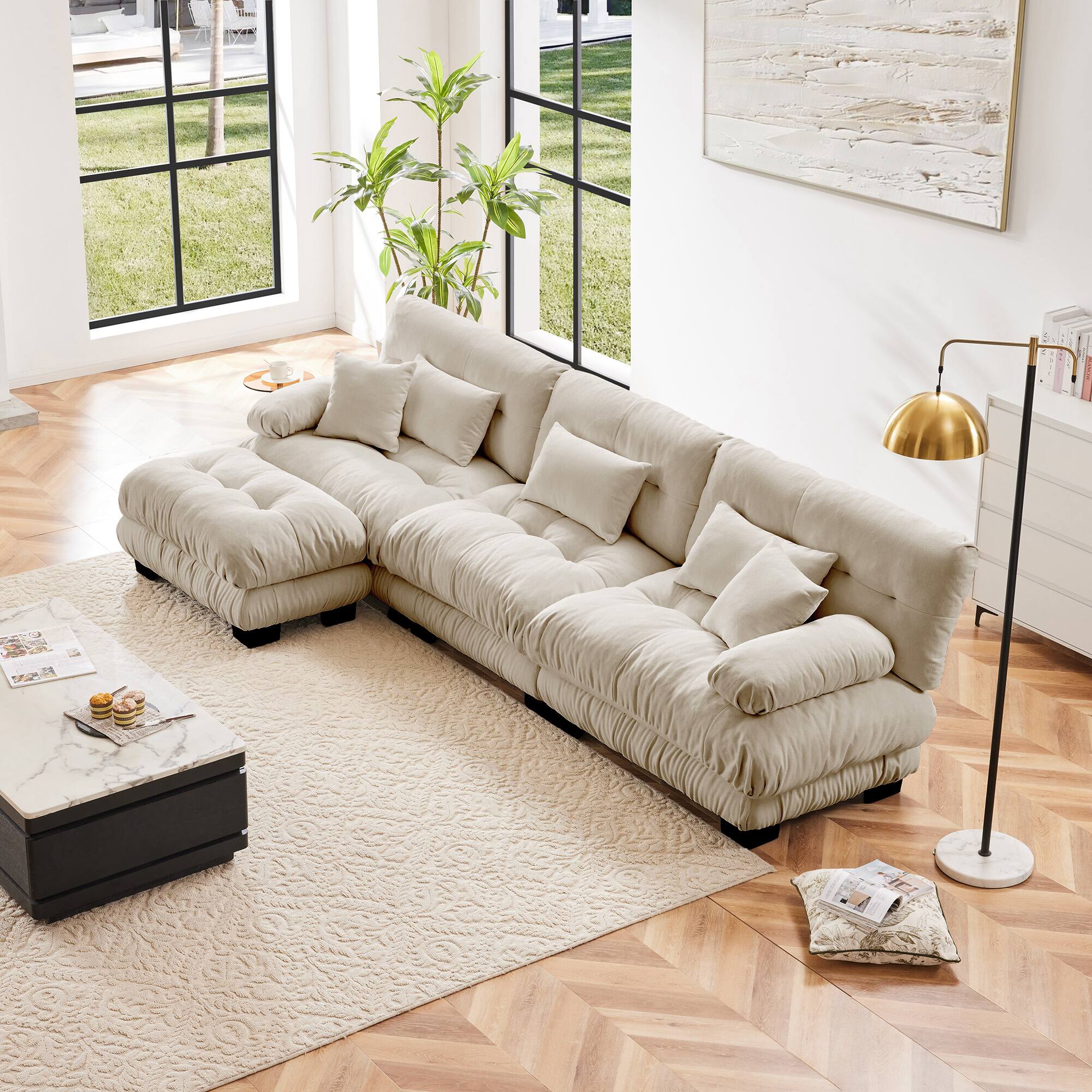 TinyHomie - Light Coffee Chenille Oversized L shaped Modular Cloud Sectional Sofa with Convertible Ottoman - Brown