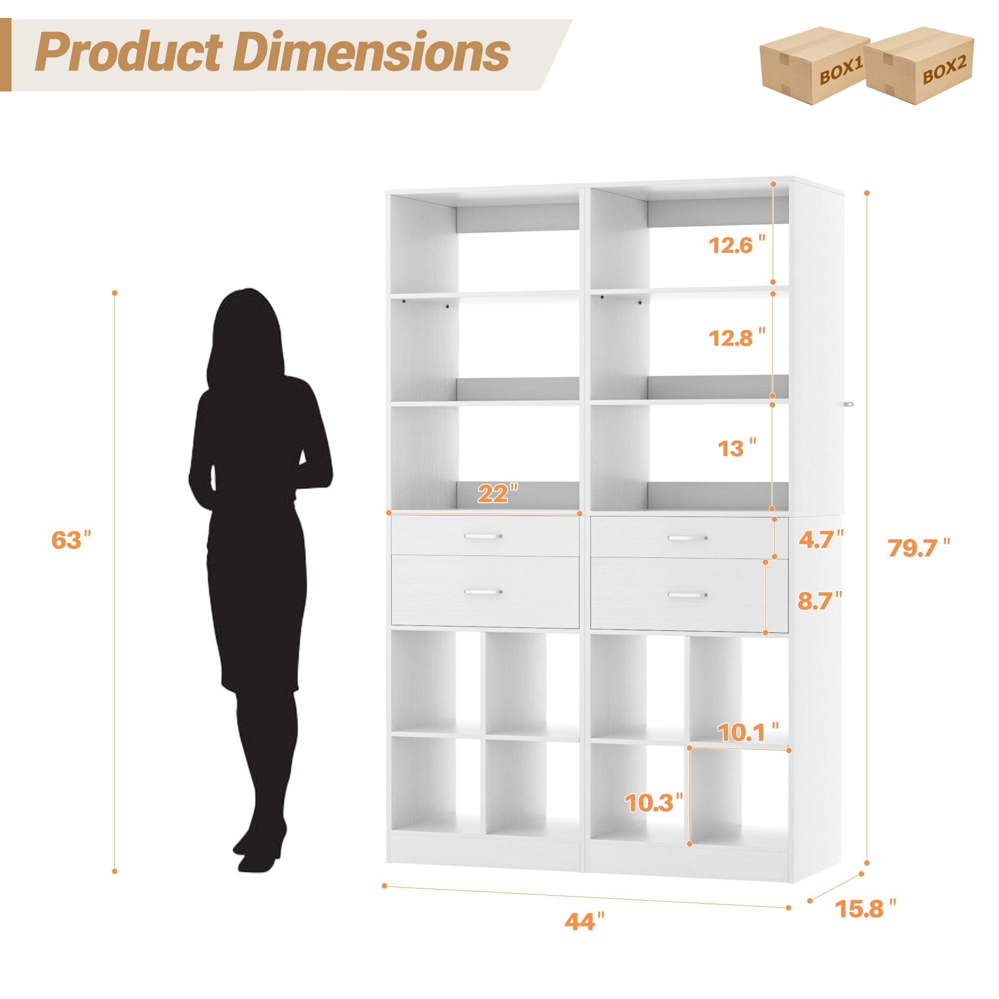 Product Dimensions  
BOX1 BOX2  
12.6" 12.8" 13" 22" 63" 4.7" 79.7" 8.7" 10.1" 10.3" 44" 15.8"
