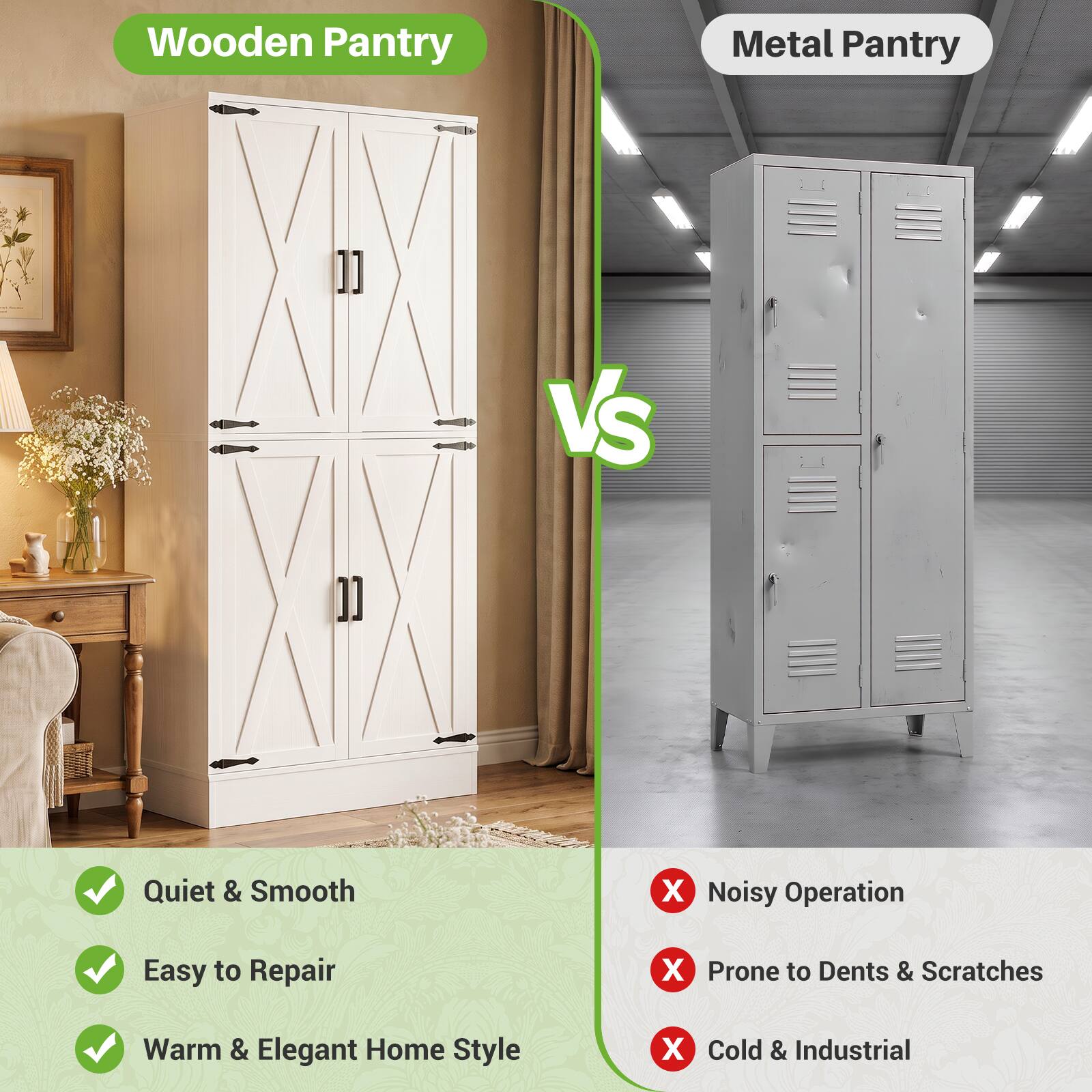 Wooden Pantry Metal Pantry VS Quiet & Smooth X Noisy Operation Easy to Repair X Prone to Dents & Scratches Warm & Elegant Home Style X Cold & Industrial
