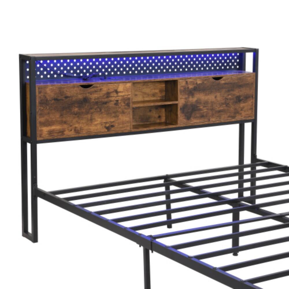 Alt View 1. LUCKY ONE - King Size Platform Bed Frame with Wooden Headboard and Footboard, USB Outlets, LED Lights, 2 Drawers - Black+Brown.