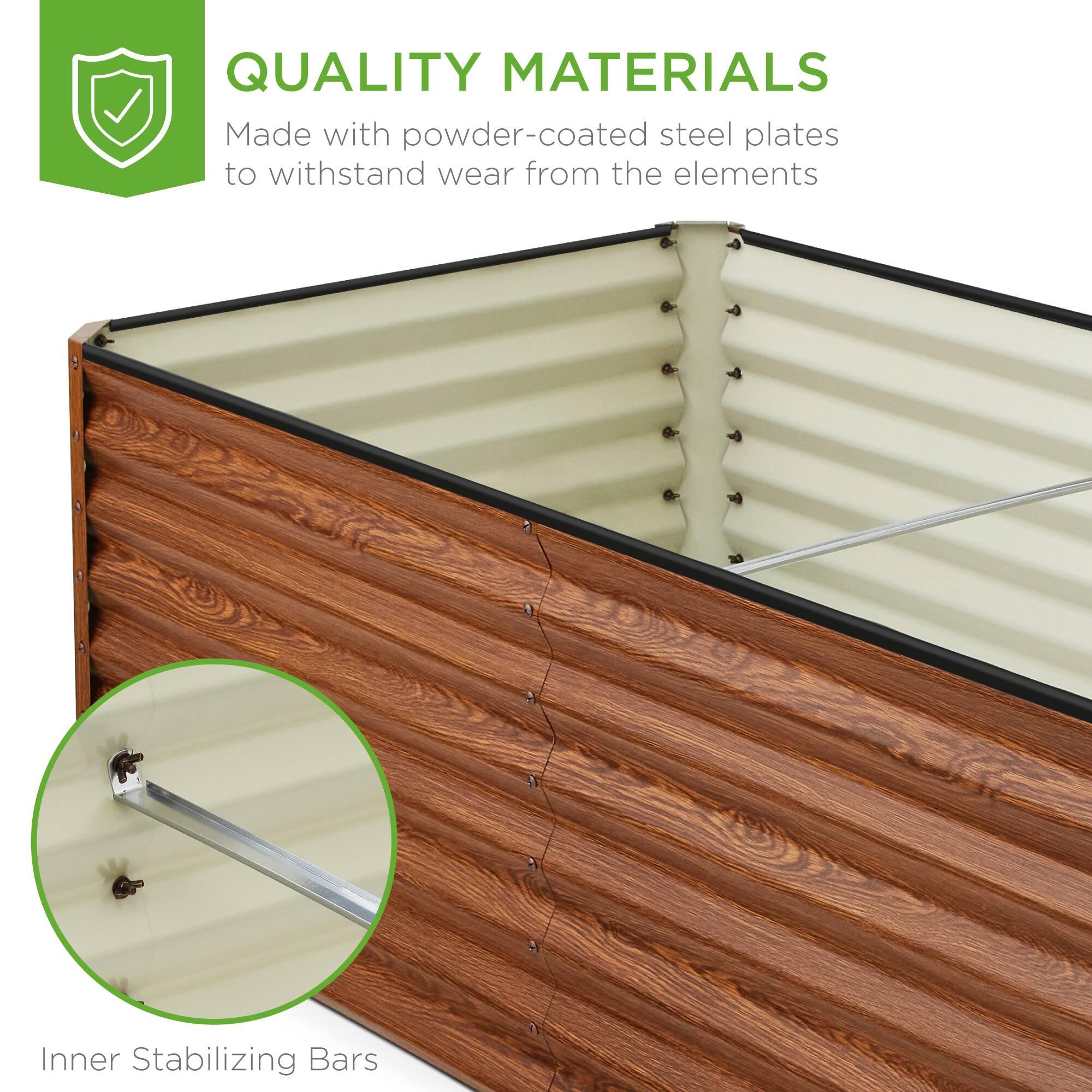 QUALITY MATERIALS  
Made with powder-coated steel plates to withstand wear from the elements  
Inner Stabilizing Bars